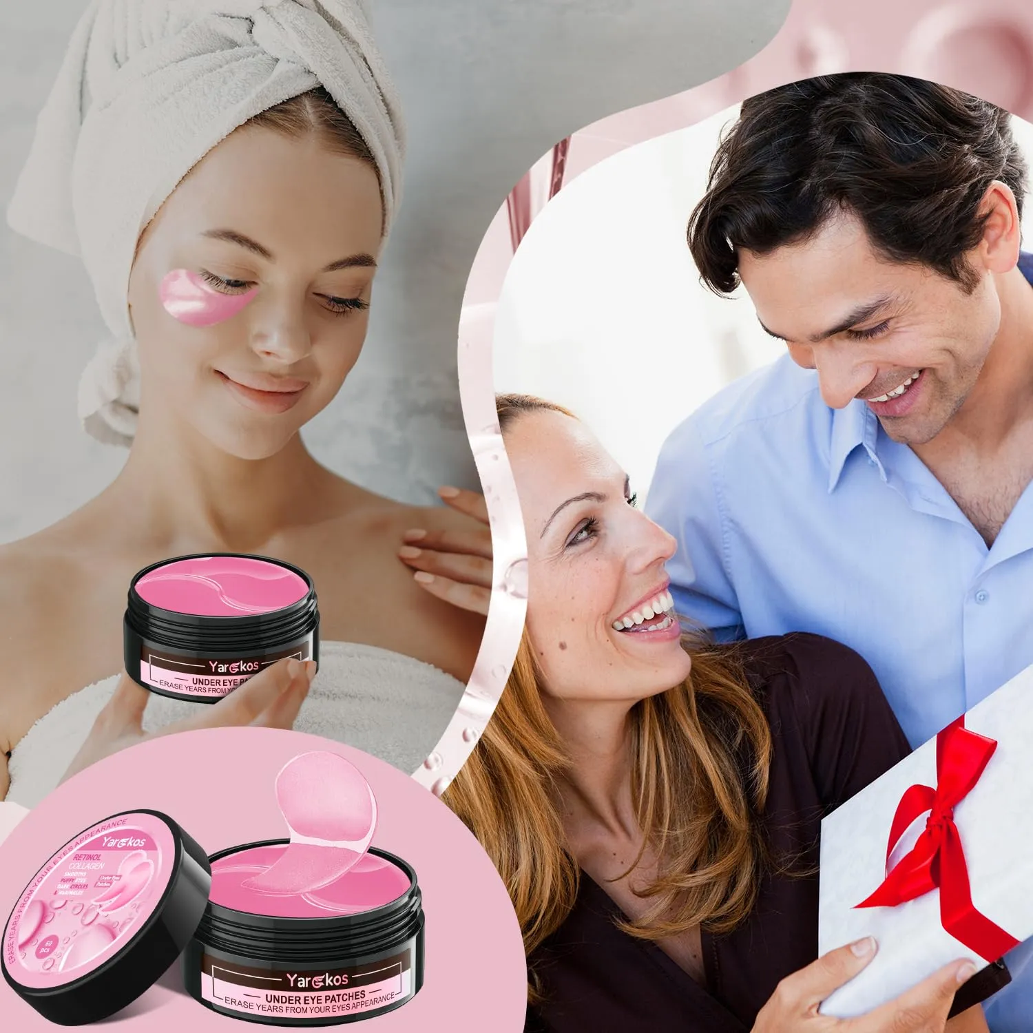 2 Packs 60 Pcs Under Eye Patches, Pink Green, 30 Pairs Women Undereye Mask for Puffy Eyes Dark Circles Treatment, Men Collagen Gel Pads Hydrating for Eye Bags Puffiness Wrinkle, Beauty Skin Care