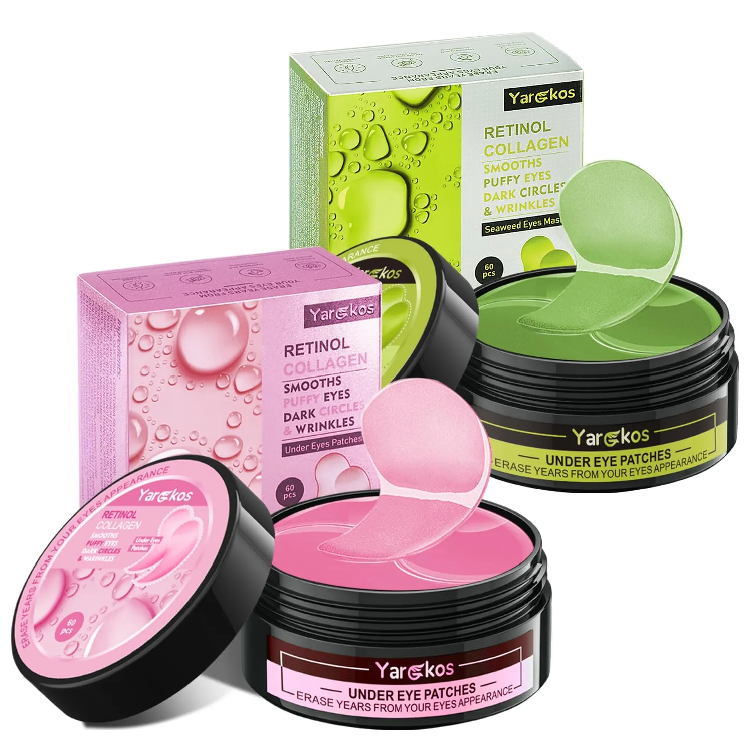 2 Packs 60 Pcs Under Eye Patches, Pink Green, 30 Pairs Women Undereye Mask for Puffy Eyes Dark Circles Treatment, Men Collagen Gel Pads Hydrating for Eye Bags Puffiness Wrinkle, Beauty Skin Care