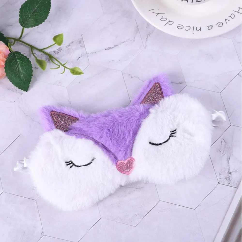 2 Pcs Cute Sleep Mask, Soft Fluffy Plush Blindfold Funny Novelty Animal Sleep Mask Eyeshade for Kids Girls and Adult Night Nap Travel Meditation (Purple Fox &Panda)