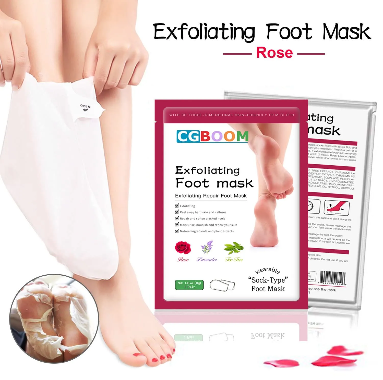 3 Pack Foot Peel Mask,Exfoliating Foot Socks Calluses Remover Dead Skin, Aloe Moisturizing Feet Peeling Mask for Dry Skin,Cracked Heels,Foot SPA Socks for Women and Men (Rose) Rose