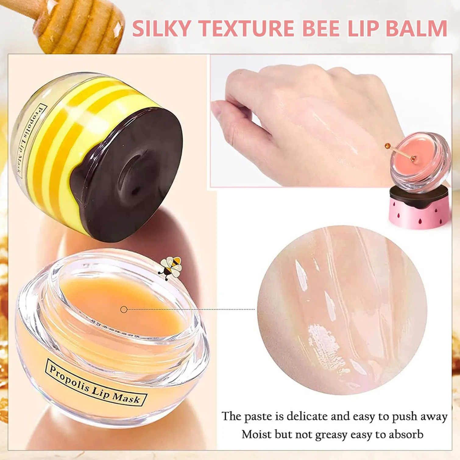3 PCS Bee Lip Balm Honey Pot, Strawberry Watermelon Apple Lime Lip Mask Overnight Honey Moisturizing Lip Balm Hydrating Prevention Dry and Crack Nourishing Lip Wrinkle Care Product (Set A)
