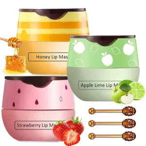 3 PCS Bee Lip Balm Honey Pot, Strawberry Watermelon Apple Lime Lip Mask Overnight Honey Moisturizing Lip Balm Hydrating Prevention Dry and Crack Nourishing Lip Wrinkle Care Product (Set A)
