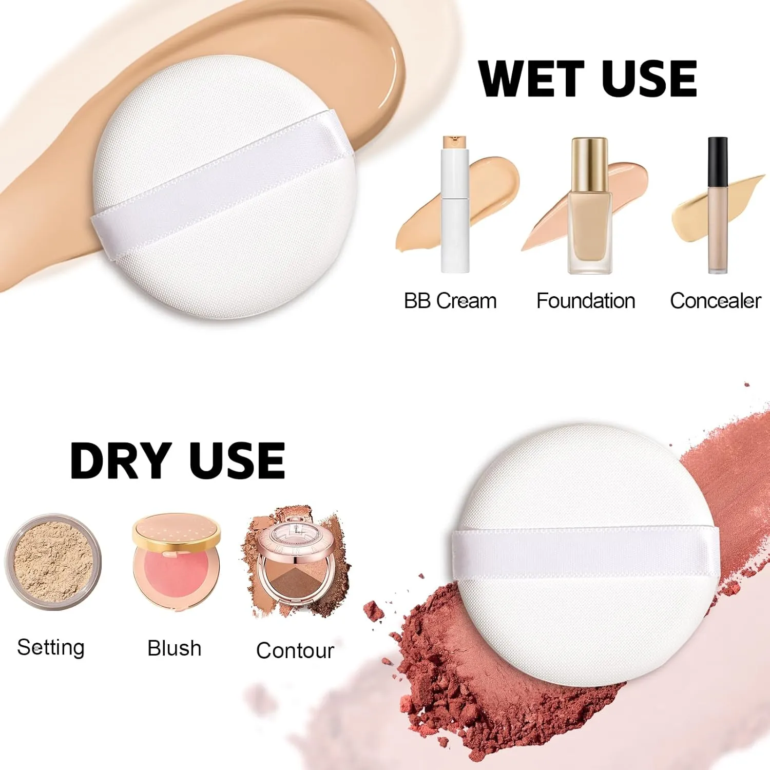 3 Pcs Powder Puffs, Powder Puff Case Travel, Washable Powder Puff Both Dry and Wet Setting Powder Sponge for Face Powder Setting/Concealer/Loose and Body Powder/Foundation