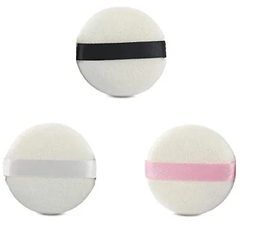 3 Pieces Round Super Soft Velour Powder Puff 2.16 Inch Facial Puff With Ribbon (Color Random)