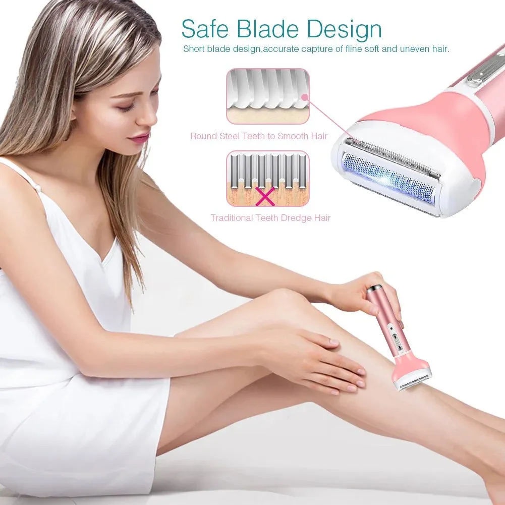 4 in 1 Electric Razor for Women Cordless Hair Removal Ladies Shaver Painless Body Hair Trimmer Remover Rechargeable Epilator for Bikini Facial Nose Ear Eyebrows Leg Armpit Clipper Grooming Groomer Kit