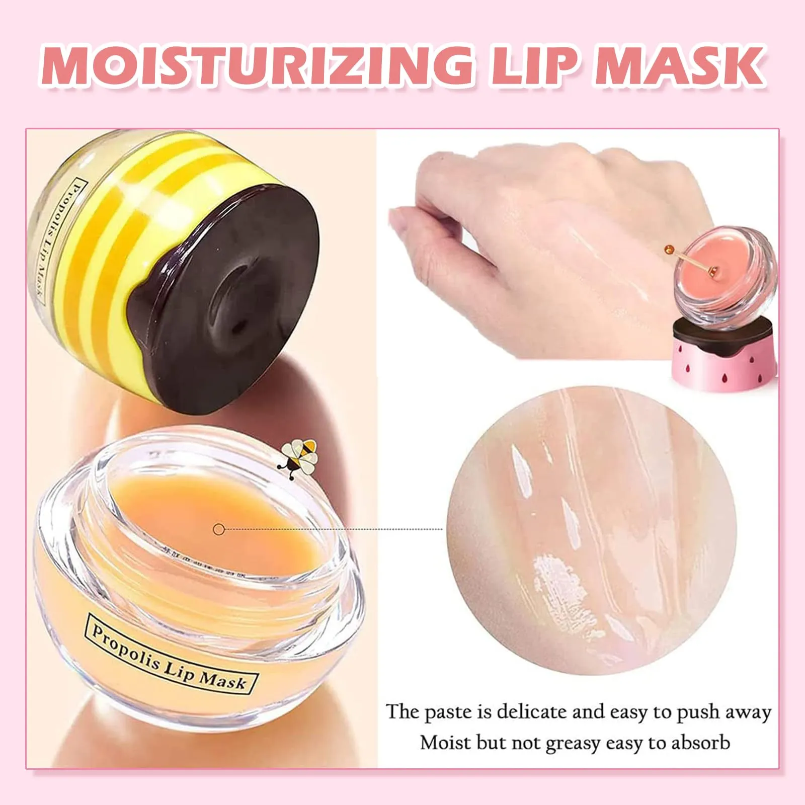 4 PCS Bee Lip Balm Honey Pot,Strawberry&Honey&Watermelon&Apple Lime Lip Sleeping Mask,Hydrating Prevention Dry and Cracked Lip Scrubs Exfoliator Lip Care,Moisturizing Lip Mask Overnight