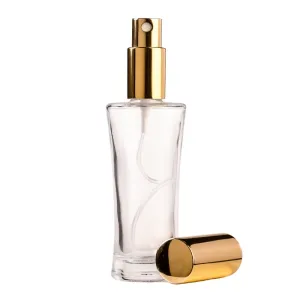 50ml Clear Glass Round Curved Perfume Bottle with Gold Spray & Gold Cap (18/410)