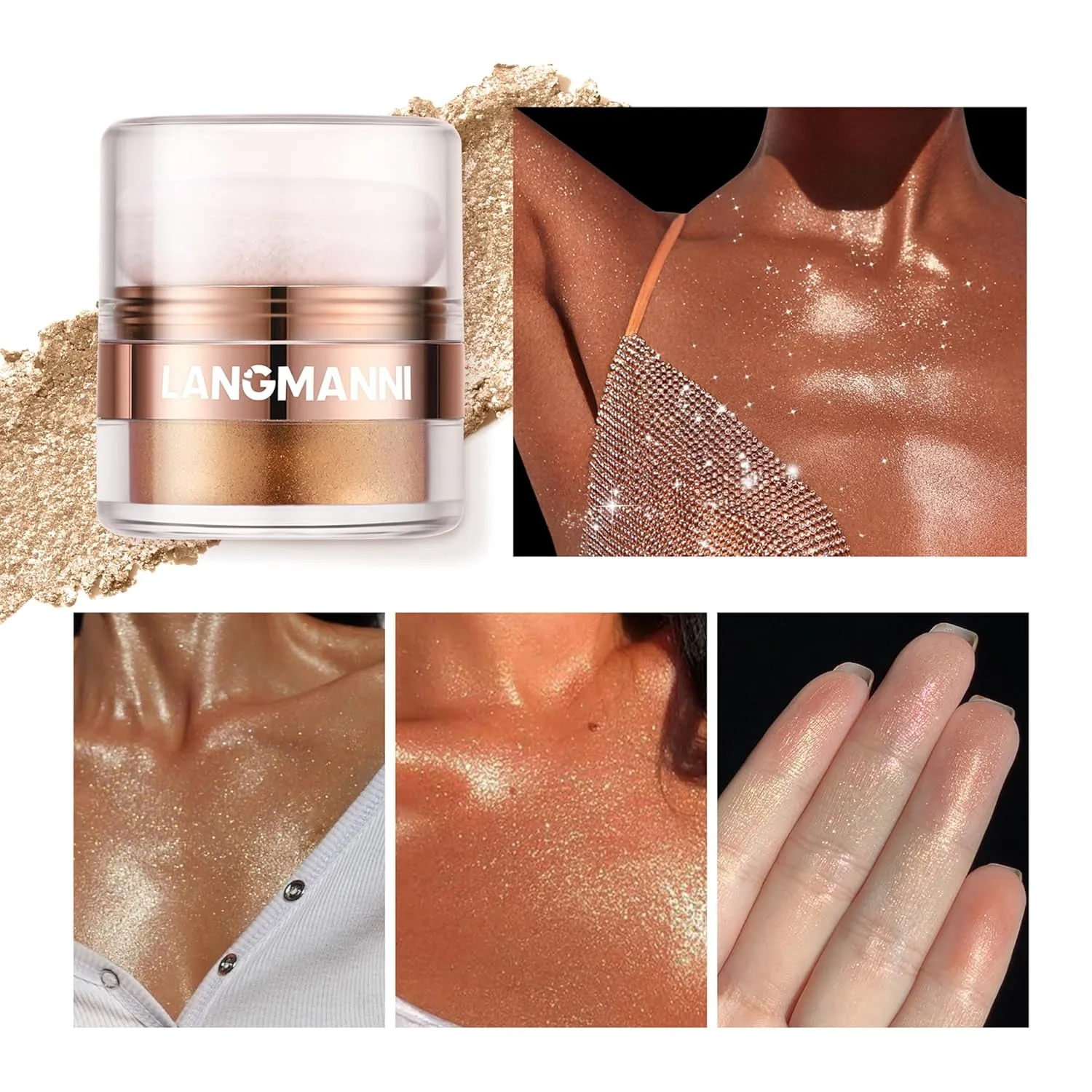 AKARY Shimmer Powder Highlighter, Golden Face Body Glow Pearl Illuminator, Intensely Pigmented for High Impact Dewy Finish (02#Golden)
