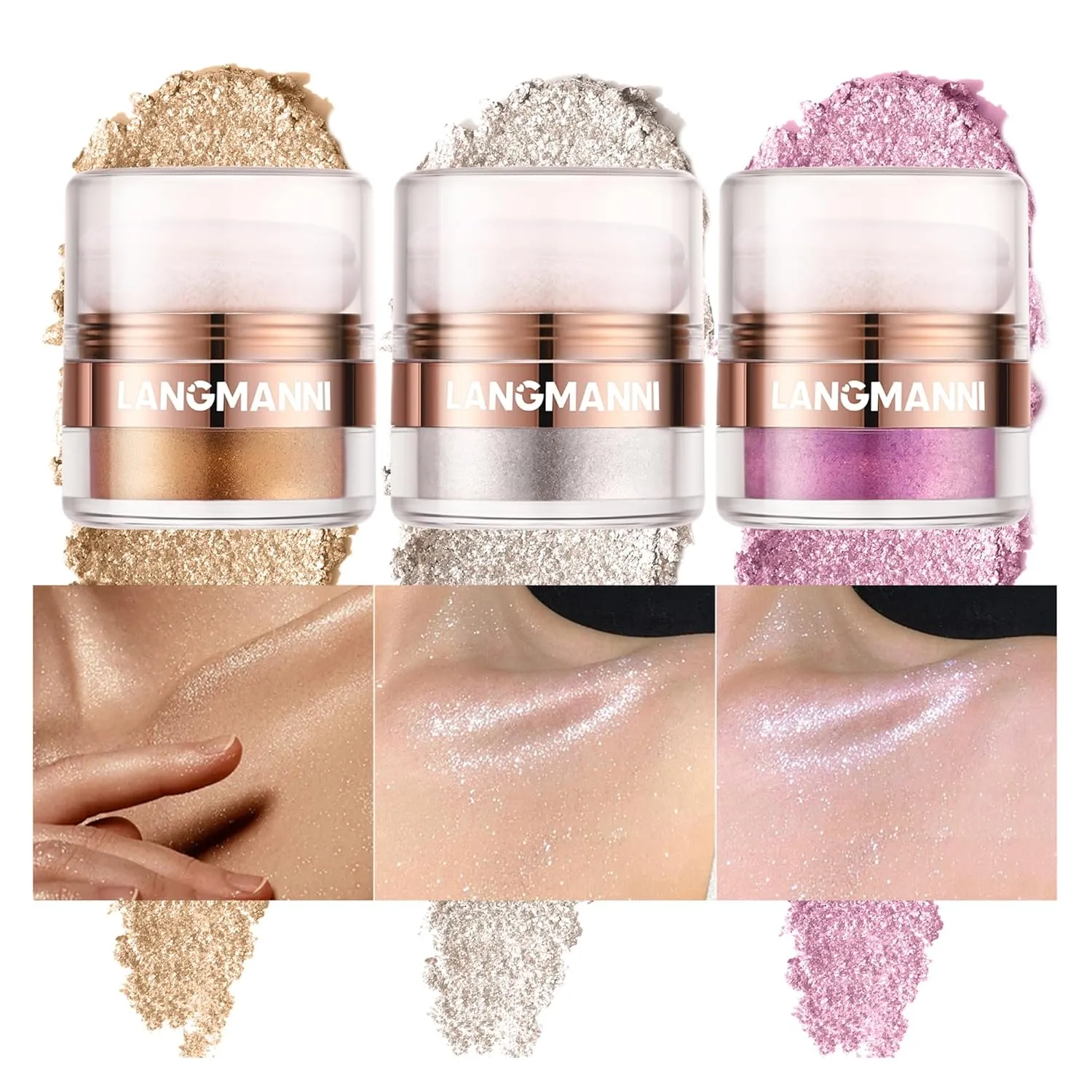 AKARY Shimmer Powder Highlighter, Golden Face Body Glow Pearl Illuminator, Intensely Pigmented for High Impact Dewy Finish (02#Golden)