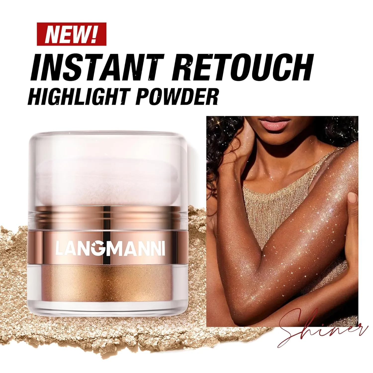 AKARY Shimmer Powder Highlighter, Golden Face Body Glow Pearl Illuminator, Intensely Pigmented for High Impact Dewy Finish (02#Golden)