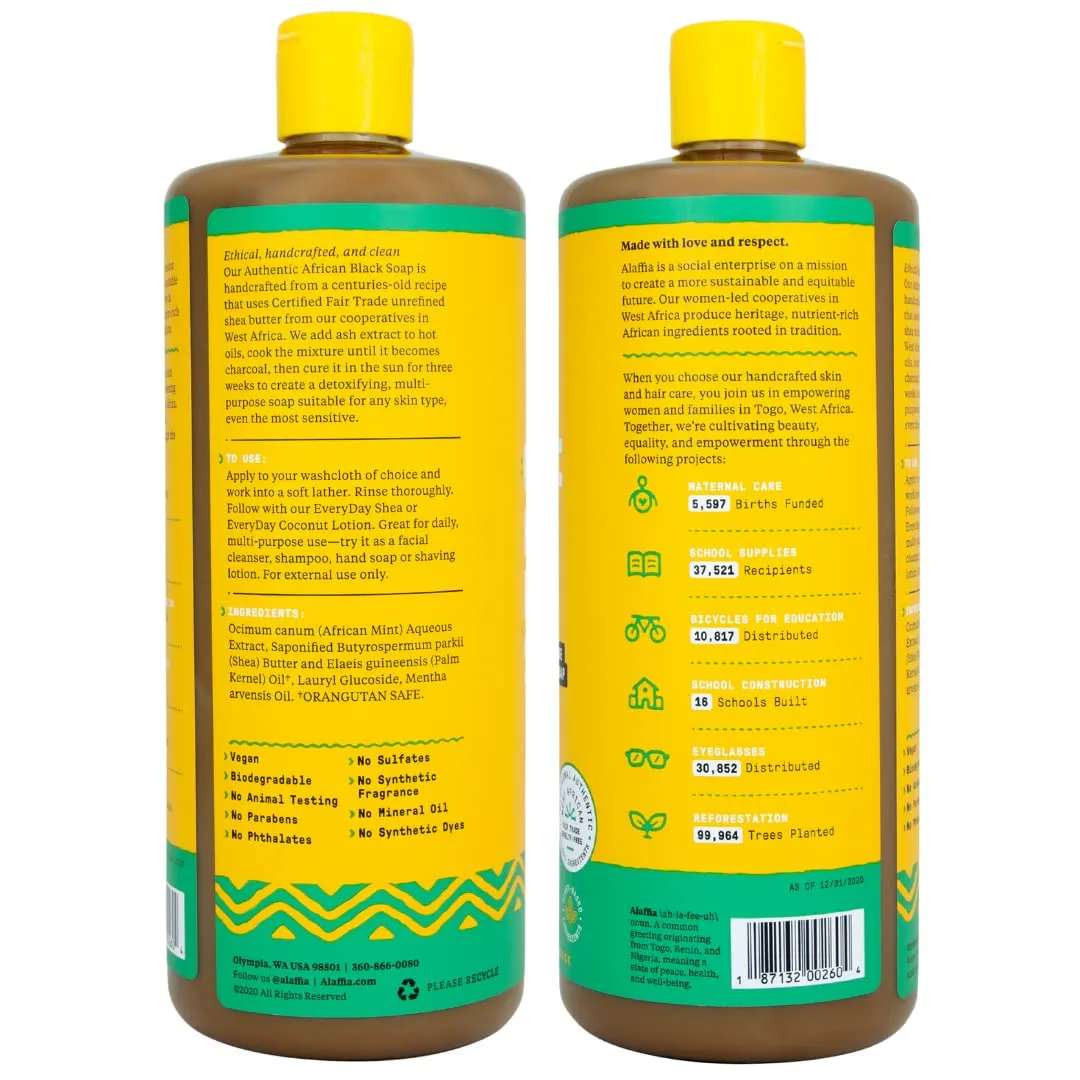 Alaffia Skin Care, Authentic African Black Soap, All in One Liquid Soap, Acne Face Wash, Moisturizing Body Wash, Shampoo, Shaving Soap, Shea Butter, Peppermint (2 Pack - 32 Fl Oz Ea)