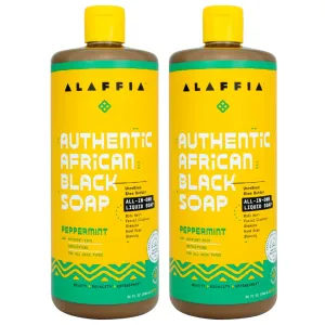 Alaffia Skin Care, Authentic African Black Soap, All in One Liquid Soap, Acne Face Wash, Moisturizing Body Wash, Shampoo, Shaving Soap, Shea Butter, Peppermint (2 Pack - 32 Fl Oz Ea)