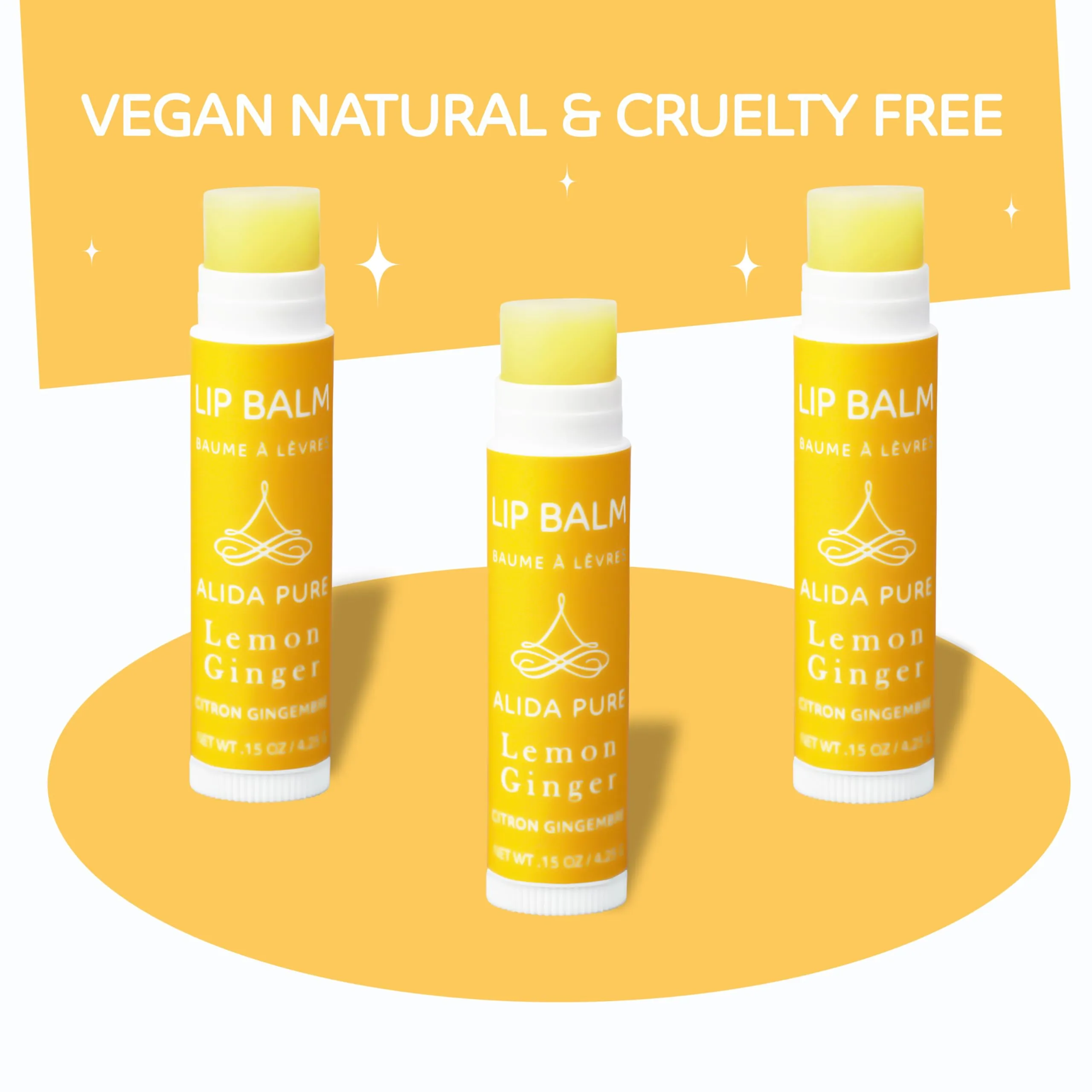 ALIDA PURE Lemon Ginger Lip Balm Collection, Vegan Lip Balm Set, Bees Wax Free, with Avocado Oil, Organic Jojoba Oil, Vitamin E, Natural Moisturizer For Dry, Cracked, or Chapped Lips, 3 Tube Set