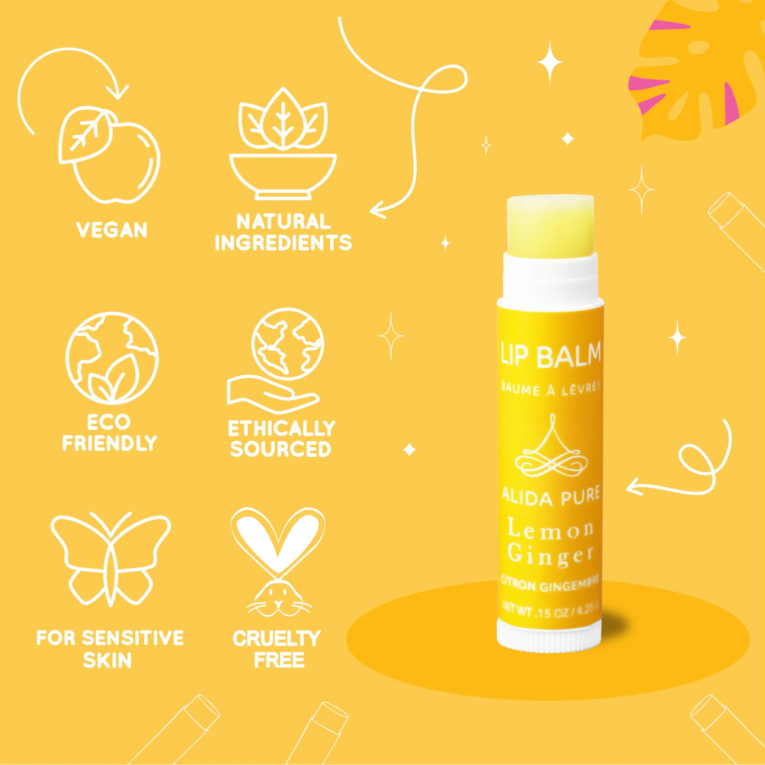 ALIDA PURE Lemon Ginger Lip Balm Collection, Vegan Lip Balm Set, Bees Wax Free, with Avocado Oil, Organic Jojoba Oil, Vitamin E, Natural Moisturizer For Dry, Cracked, or Chapped Lips, 3 Tube Set