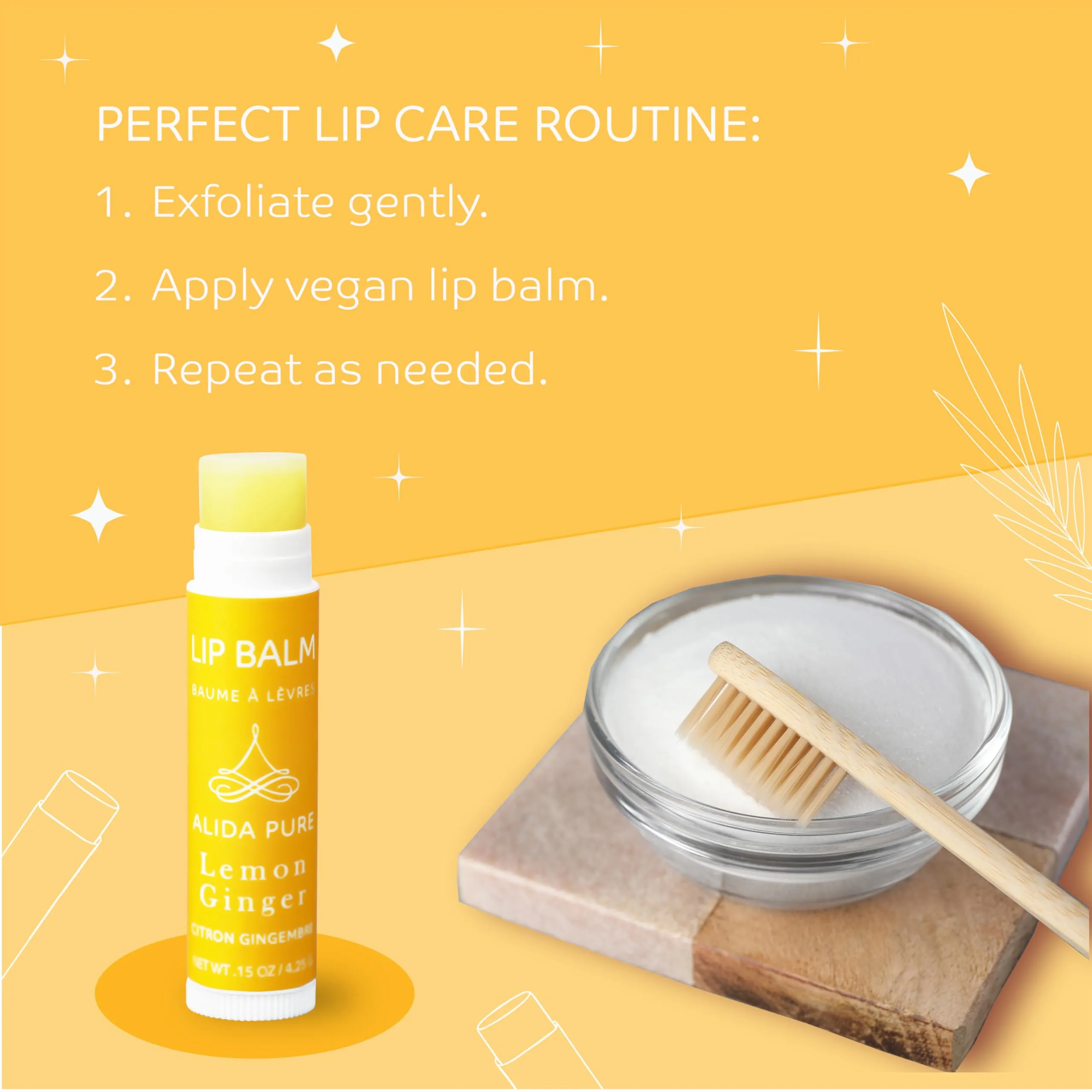 ALIDA PURE Lemon Ginger Lip Balm Collection, Vegan Lip Balm Set, Bees Wax Free, with Avocado Oil, Organic Jojoba Oil, Vitamin E, Natural Moisturizer For Dry, Cracked, or Chapped Lips, 3 Tube Set