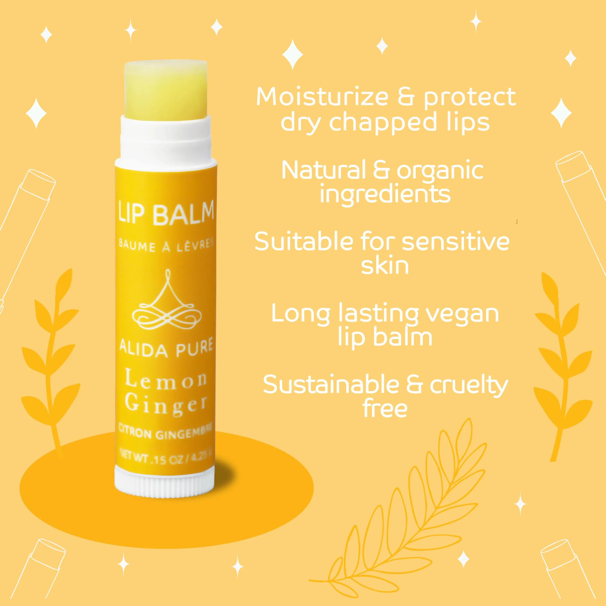 ALIDA PURE Lemon Ginger Lip Balm Collection, Vegan Lip Balm Set, Bees Wax Free, with Avocado Oil, Organic Jojoba Oil, Vitamin E, Natural Moisturizer For Dry, Cracked, or Chapped Lips, 3 Tube Set