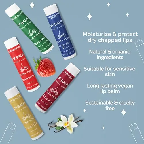 ALIDA PURE Melody Lip Balm Collection, Vegan Lip Balm Set, Beeswax Free, with Avocado Oil, Organic Jojoba Oil, and Vitamin E, Natural Moisturizer for Dry, Chapped Lips, 5 Tube Set