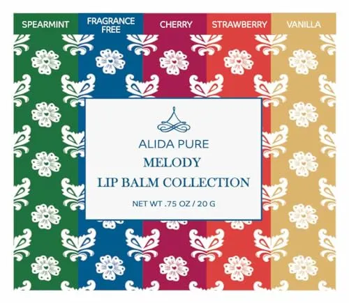 ALIDA PURE Melody Lip Balm Collection, Vegan Lip Balm Set, Beeswax Free, with Avocado Oil, Organic Jojoba Oil, and Vitamin E, Natural Moisturizer for Dry, Chapped Lips, 5 Tube Set