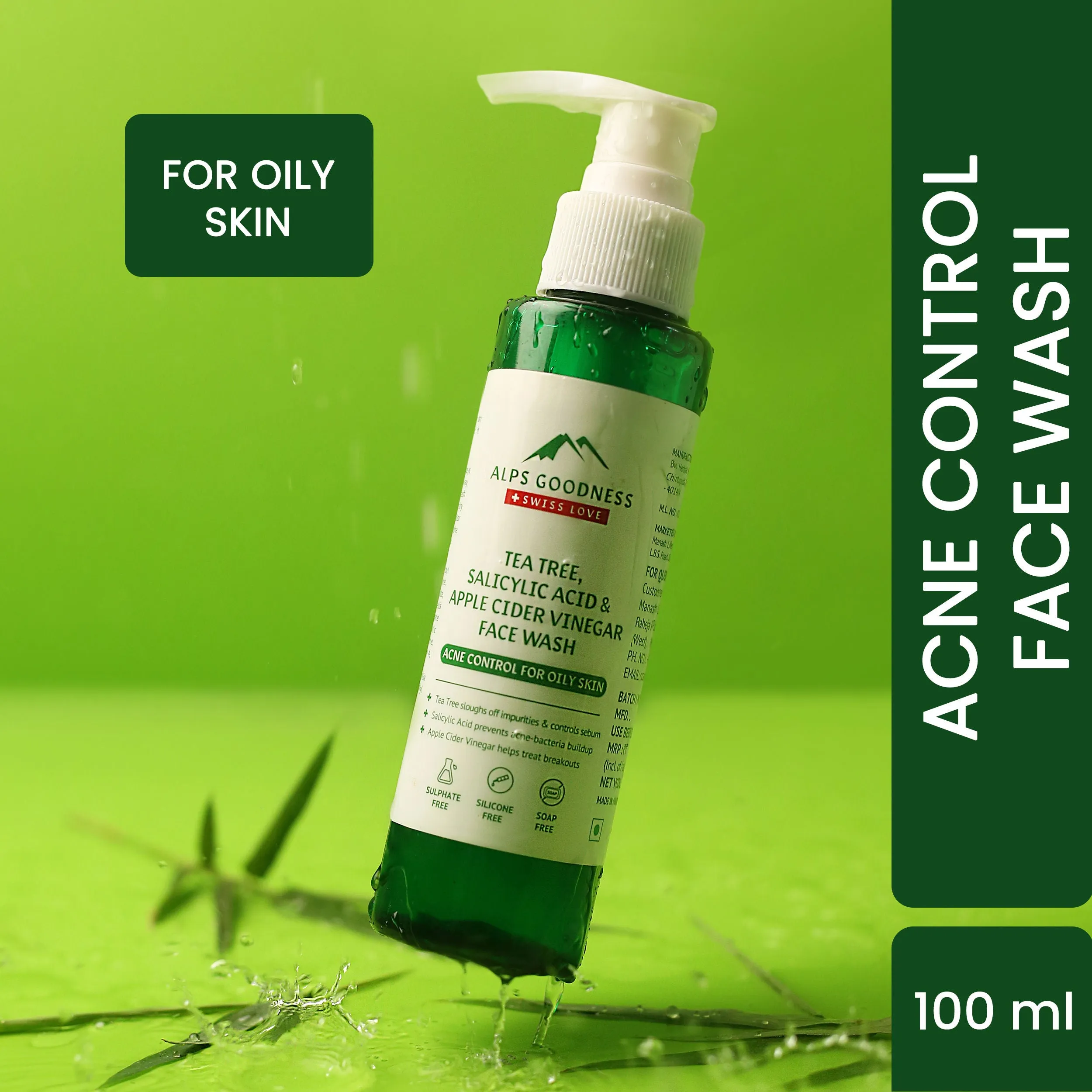 Alps Goodness Acne Control Face wash For Oily Skin with Tea Tree, Salicylic Acid & Apple Cider Vinegar (100 ml) | Suitable for Acne Prone Oily Skin | Salicylic Acid Face wash | Facewash with Salicylic Acid