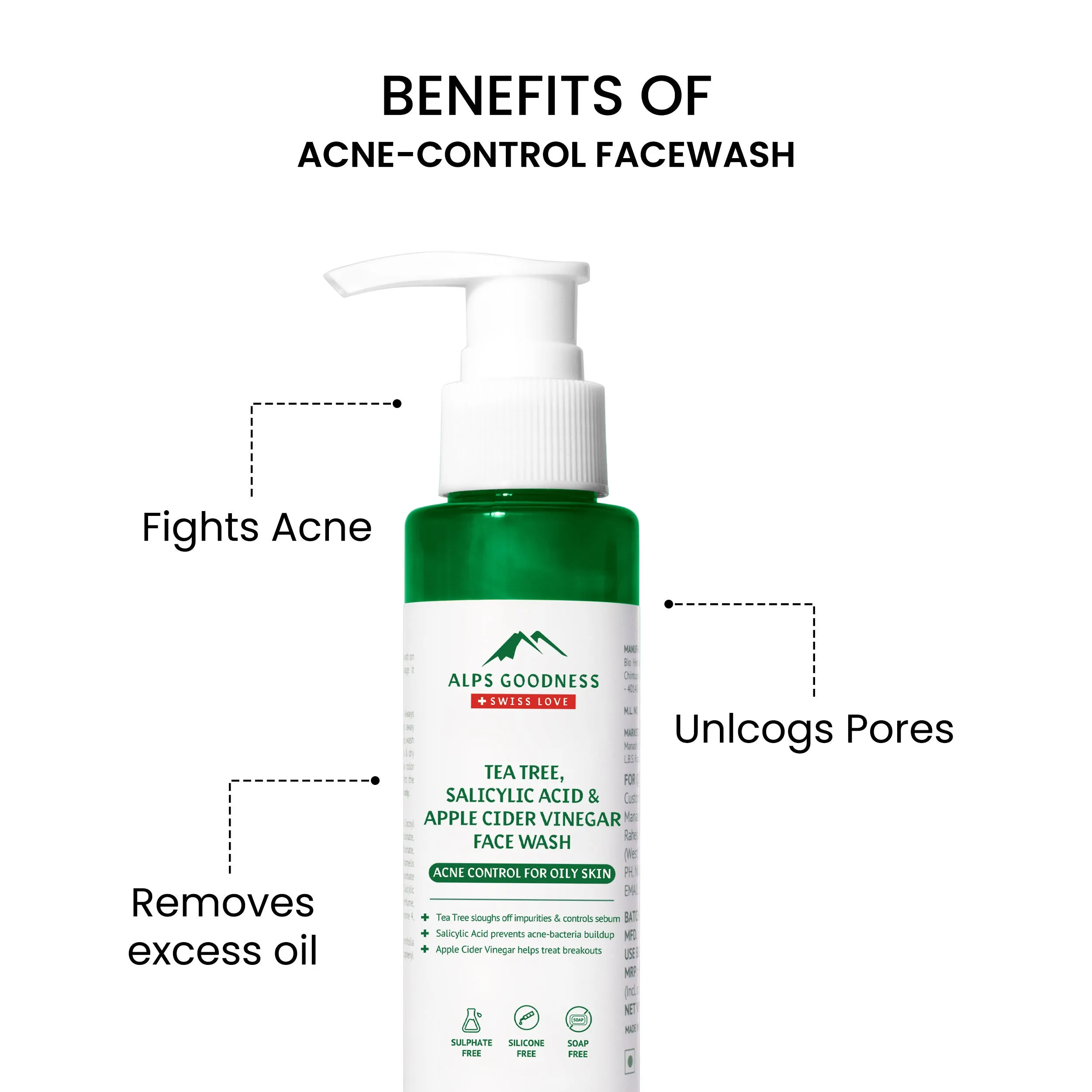 Alps Goodness Acne Control Face wash For Oily Skin with Tea Tree, Salicylic Acid & Apple Cider Vinegar (100 ml) | Suitable for Acne Prone Oily Skin | Salicylic Acid Face wash | Facewash with Salicylic Acid