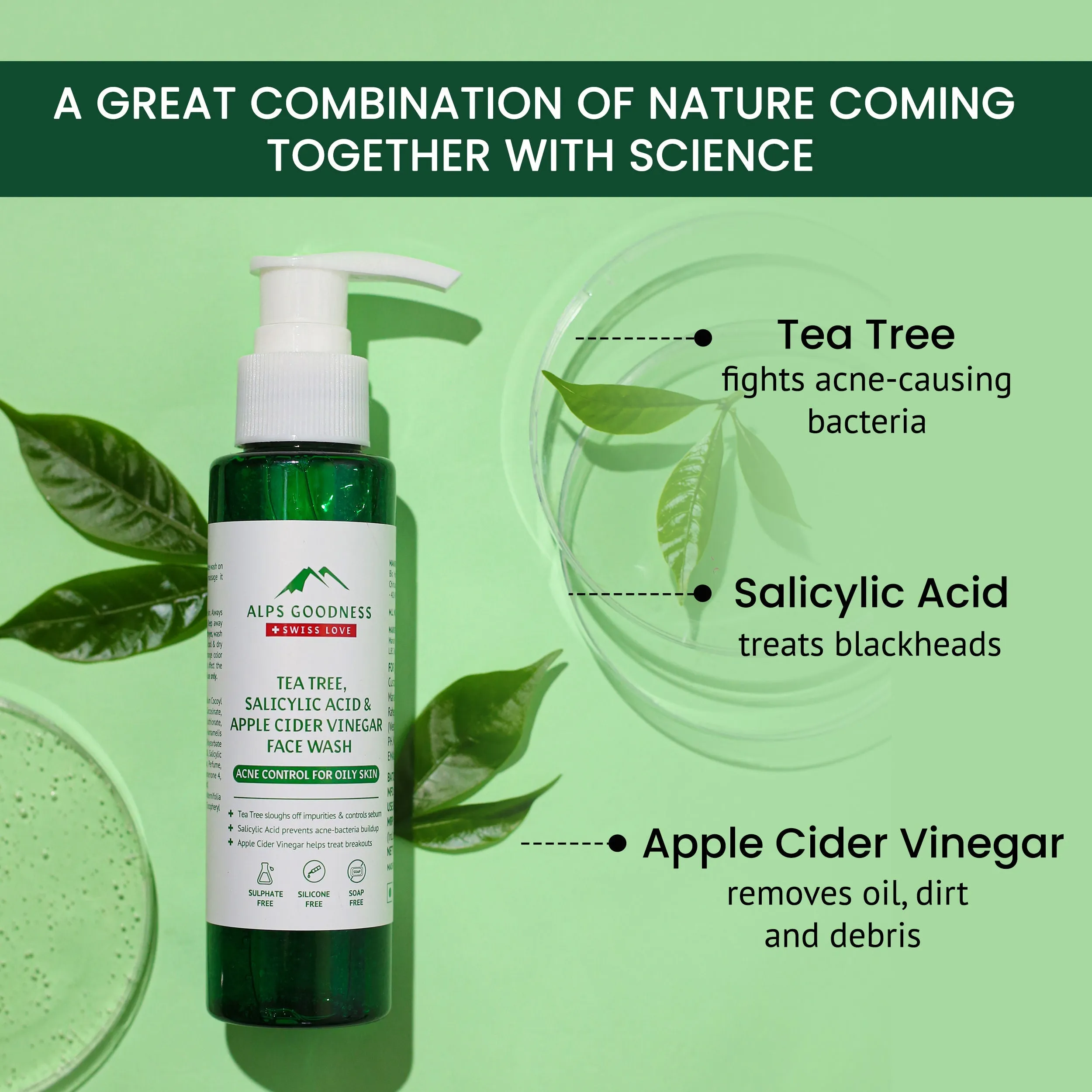 Alps Goodness Acne Control Face wash For Oily Skin with Tea Tree, Salicylic Acid & Apple Cider Vinegar (100 ml) | Suitable for Acne Prone Oily Skin | Salicylic Acid Face wash | Facewash with Salicylic Acid