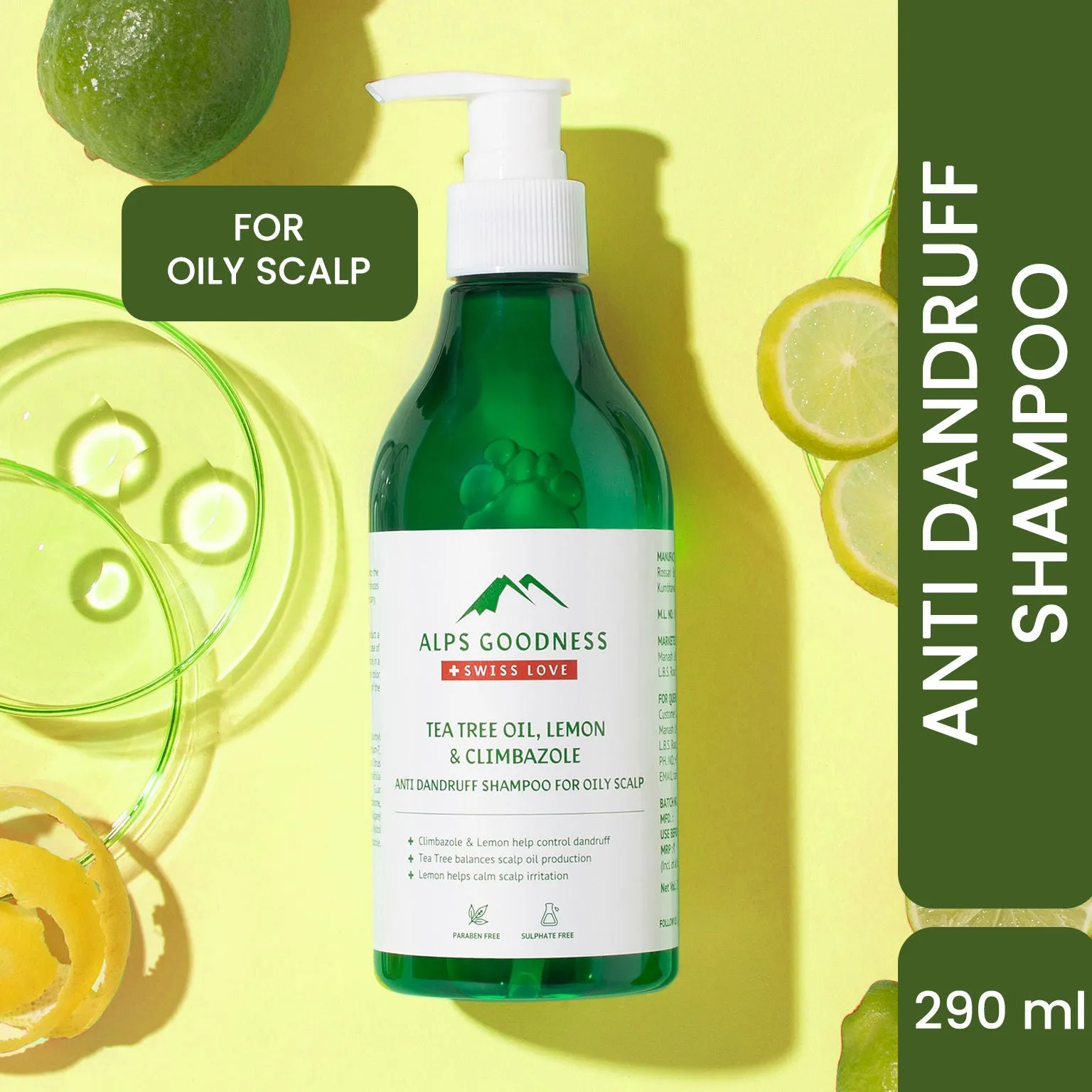 Alps Goodness Tea Tree Oil, Lemon & Climbazole Anti-Dandruff Shampoo for Oily Scalp (290ml) | Sulphate Free Shampoo| Silicone Free Shampoo | Gentle & Mild Cleansing Shampoo| Anti-Dandruff Shampoo| Shampoo for Oily Hair| Shampoo for Oily Scalp