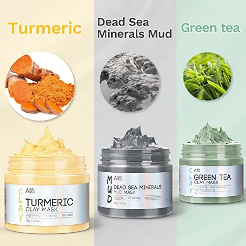 ANAI RUI Turmeric Clay Mask - Green Tea Clay Mask - Dead Sea Minerals Mud Mask, Spa Facial Mask Set, Face Mask Gift Set 2.5 oz each