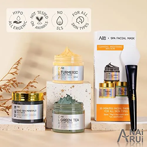 ANAI RUI Turmeric Clay Mask - Green Tea Clay Mask - Dead Sea Minerals Mud Mask, Spa Facial Mask Set, Face Mask Gift Set 2.5 oz each