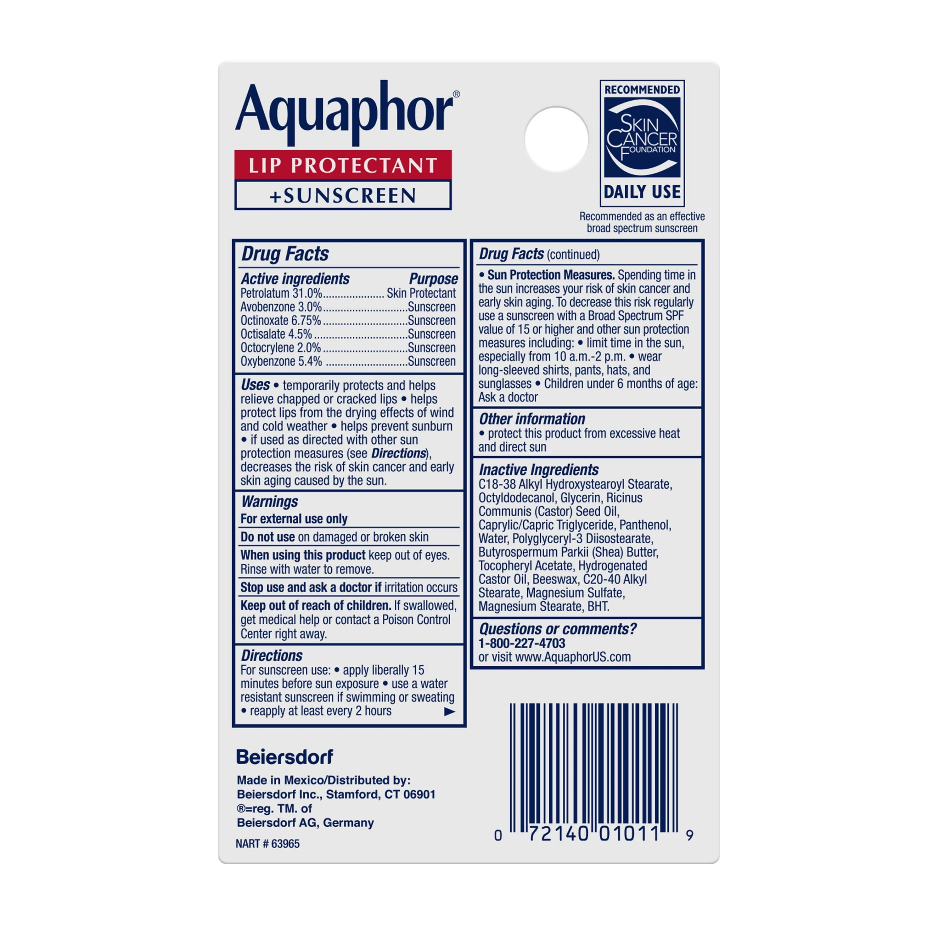 Aquaphor Lip Repair Lip Balm with Sunscreen, Lip Balm SPF 30, 0.35 Oz Tube