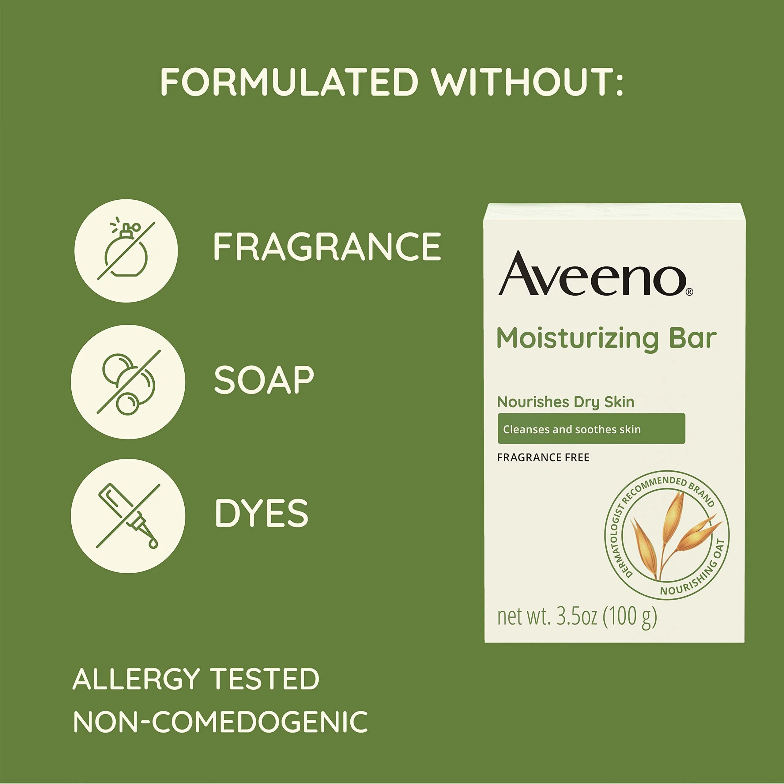 Aveeno Gentle Moisturizing Face Cleansing Bar, Daily Facial Cleanser Bar with Nourishing Oat for Dry Skin, Gently Cleanses & Soothes Skin, Non-Comedogenic & Fragrance-Free, 3.5 oz (Pack Of 8)