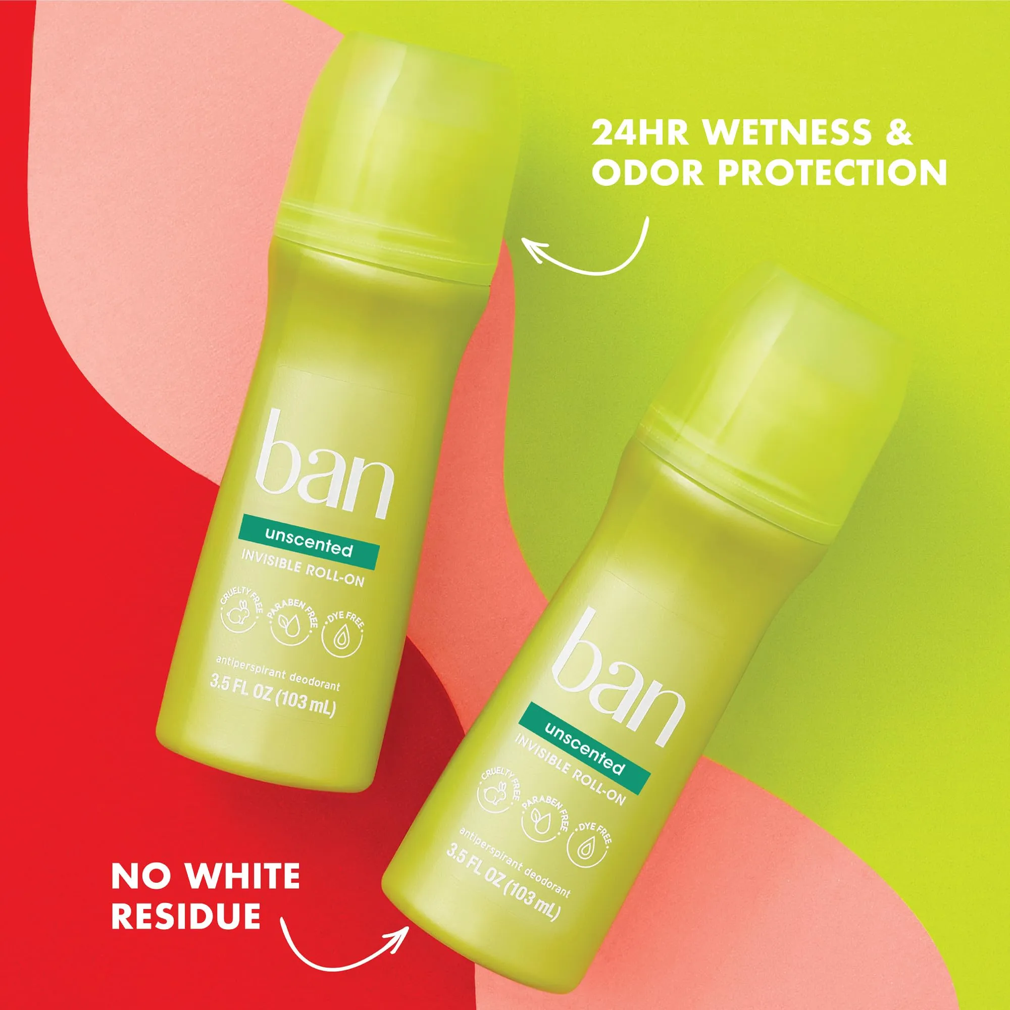 Ban Original Unscented 24-hour Invisible Antiperspirant, Roll-on Deodorant for Women and Men, Underarm Wetness Protection, with Odor-fighting Ingredients, 3.5 Fl Oz (Pack of 2) 3.5 Fl Oz (Pack of 2)
