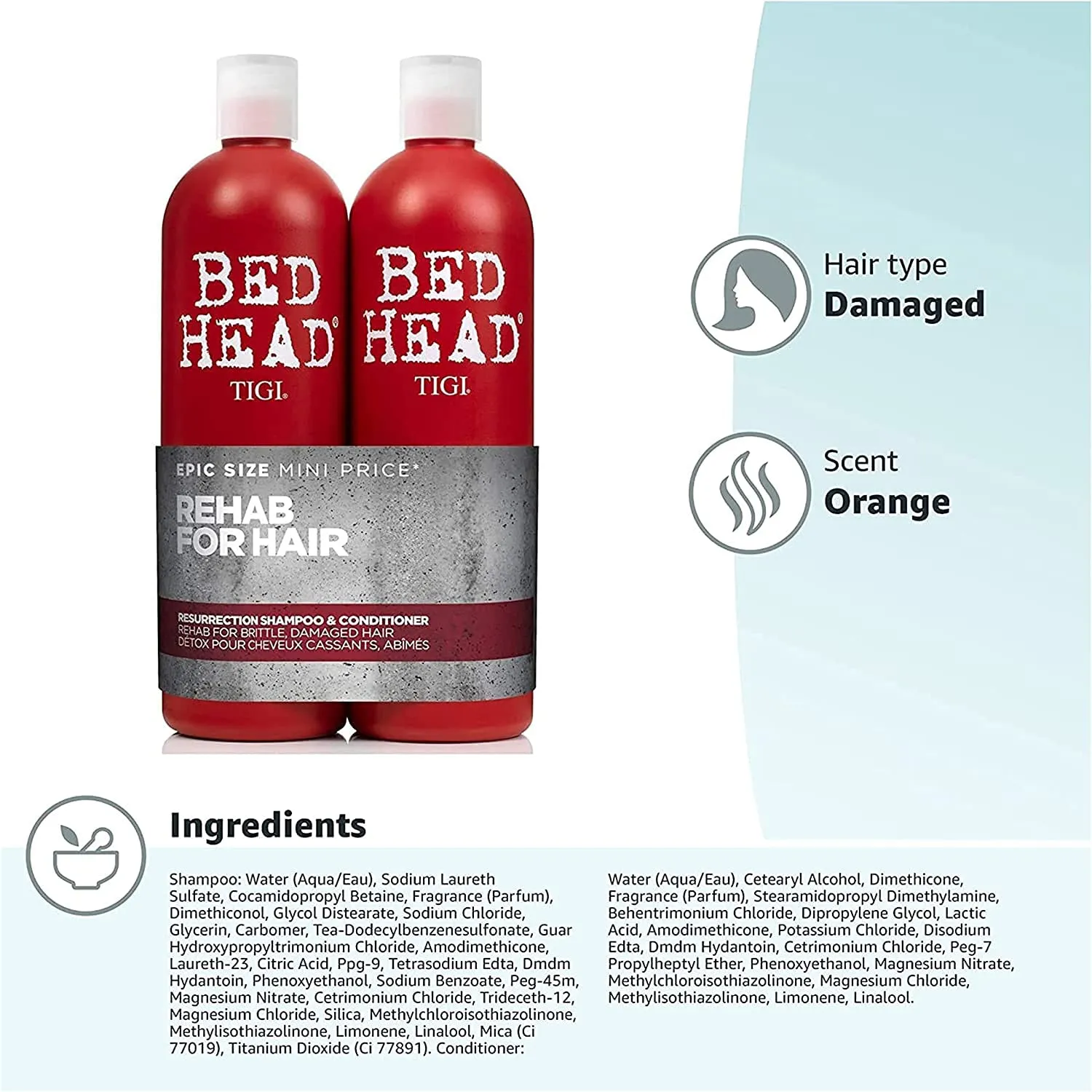 Bed Head by TIGI Urban Antidotes Resurrection Shampoo and Conditioner for Damaged Hair 25.36 fl oz 2 count