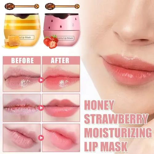 Bee Lip Balm Honey Pot,3 PCS Strawberry&Honey&Watermelon Lip Sleeping Mask,Hydrating Prevention Dry and Cracked Lip Scrubs Exfoliator Lip Care,Moisturizing Lip Mask Overnight Reduces Lip Lines
