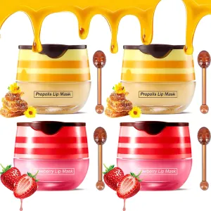 Bee Lip Balm Honey Pot,4 PCS Strawberry & Honey Moisturizing Propolis Lip Mask,Hydrating Prevention Dry and Cracked Lip Scrubs Exfoliator,Lip Sleep Mask Reduces Lip Lines Lip Skin Care Products…