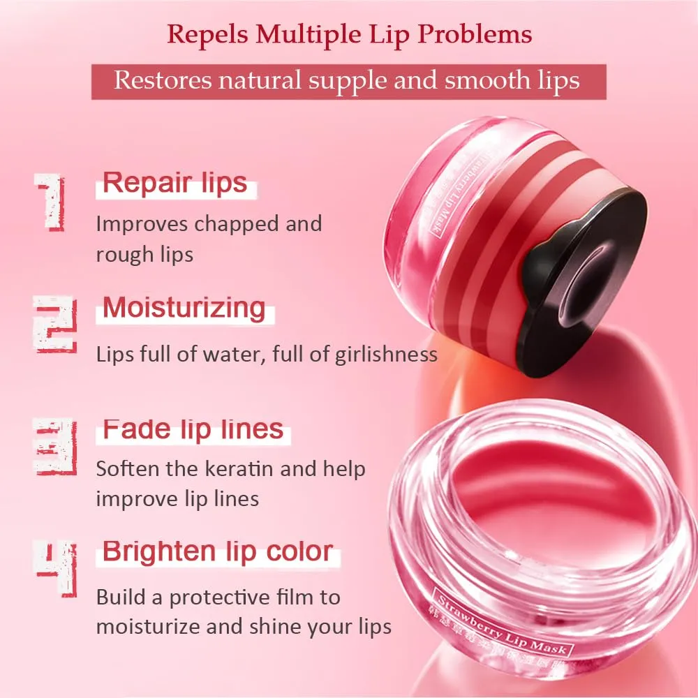 Bee Lip Balm Honey Pot,4 PCS Strawberry & Honey Moisturizing Propolis Lip Mask,Hydrating Prevention Dry and Cracked Lip Scrubs Exfoliator,Lip Sleep Mask Reduces Lip Lines Lip Skin Care Products…