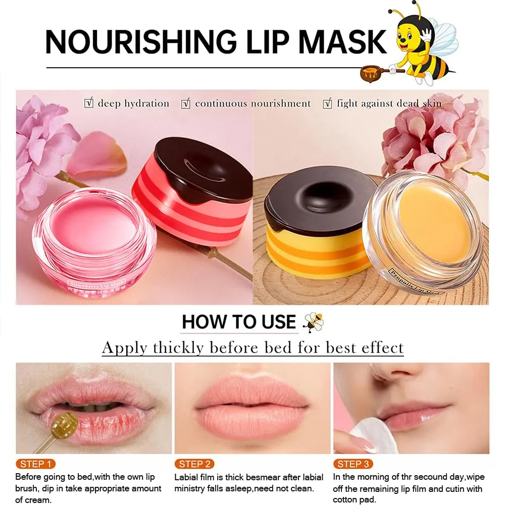 Bee Lip Balm Honey Pot,4 PCS Strawberry & Honey Moisturizing Propolis Lip Mask,Hydrating Prevention Dry and Cracked Lip Scrubs Exfoliator,Lip Sleep Mask Reduces Lip Lines Lip Skin Care Products…