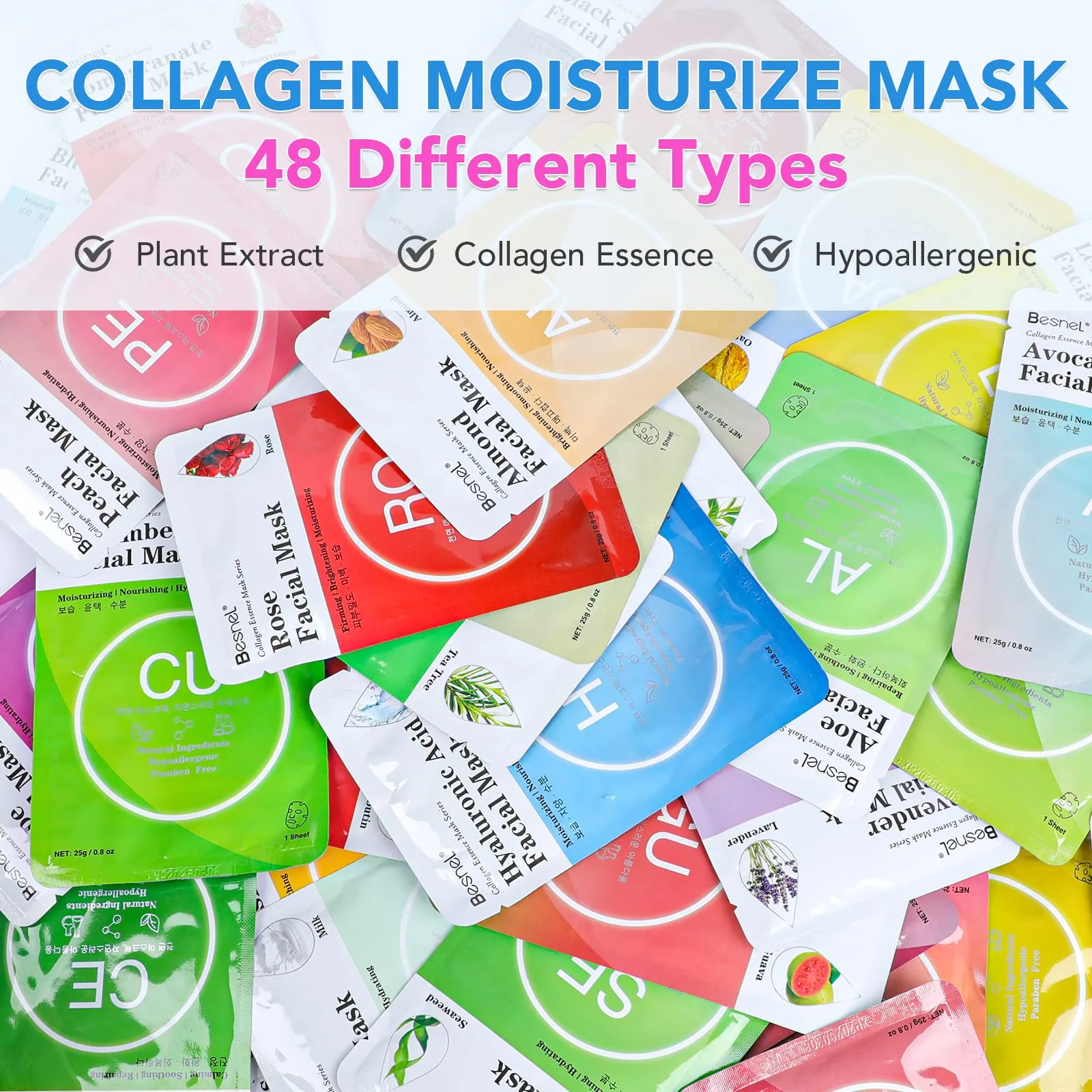 BESNEL 48 Packs Collagen Sheet Facial Masks,Plant Extract and Sodium Hyaluronate,Effective Care for All Skin Types,Skincare Spa Korean Face Mask