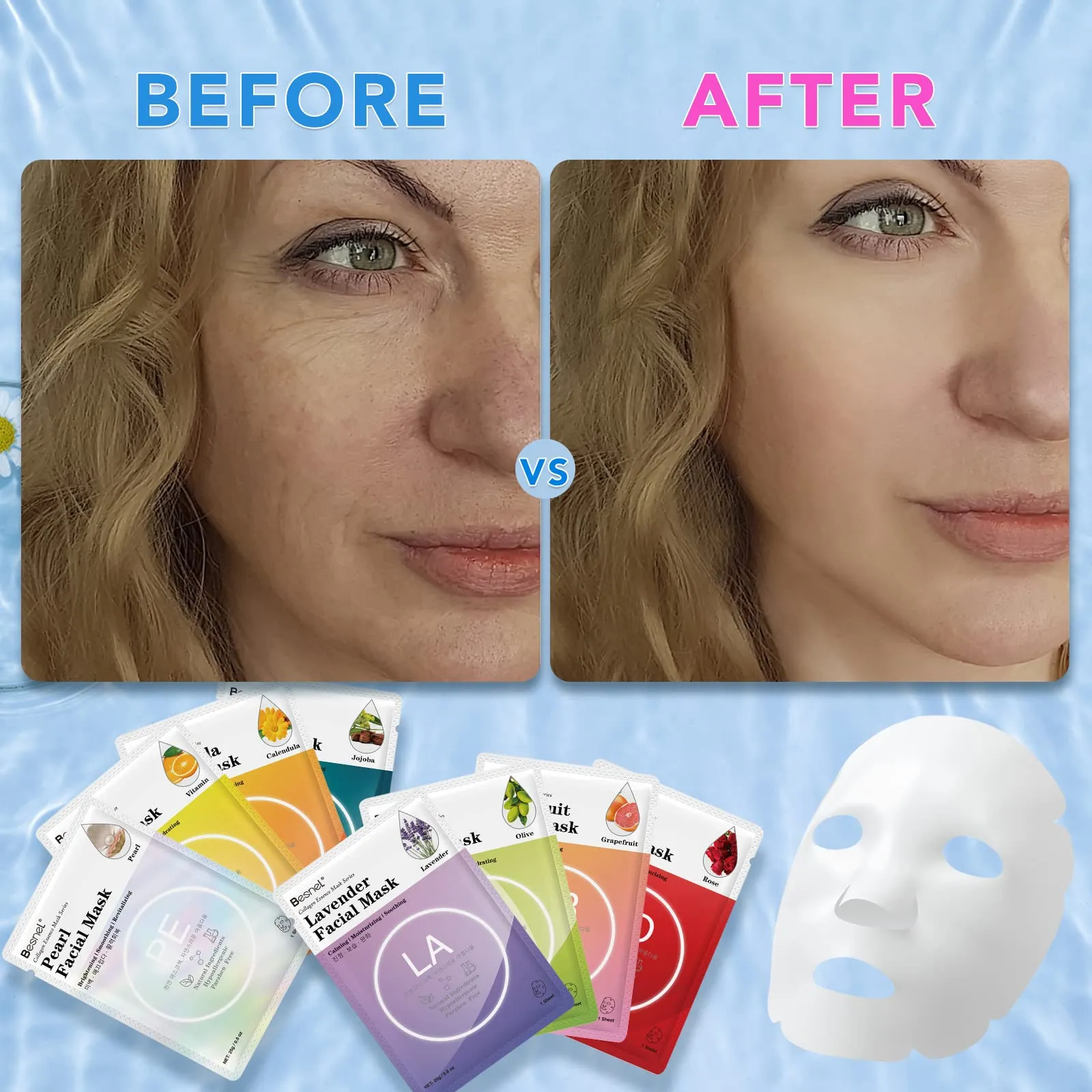 BESNEL 48 Packs Collagen Sheet Facial Masks,Plant Extract and Sodium Hyaluronate,Effective Care for All Skin Types,Skincare Spa Korean Face Mask