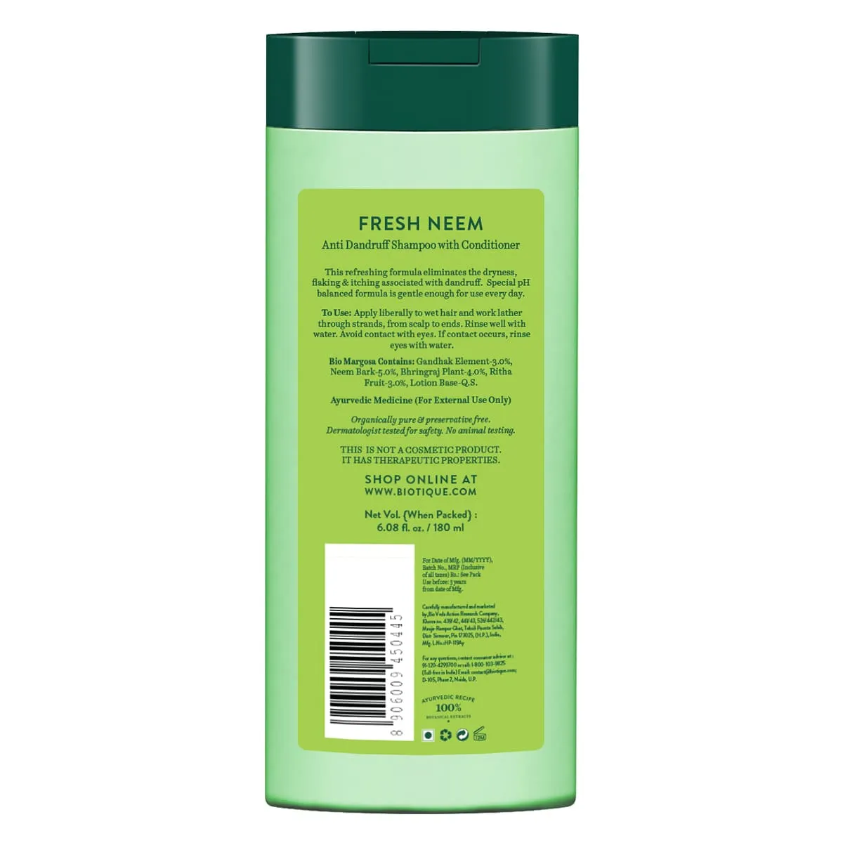 Biotique Fresh Neem Margosa Anti Dandruff Shampoo and Conditioner 180ml (Pack of 2)