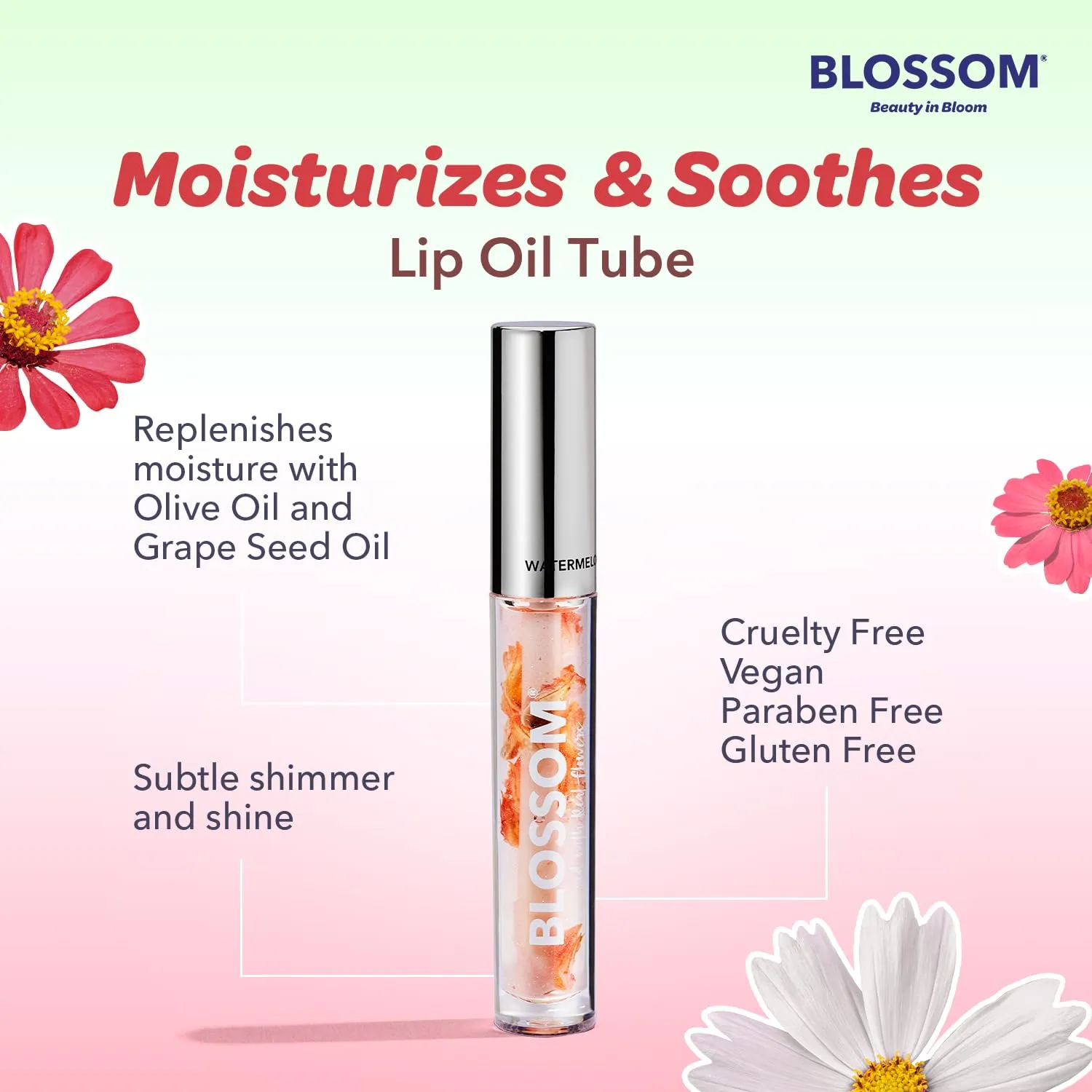 Blossom Moisturizing and Hydrating Shimmer Sparkle Lip Oil with Olive Oil   Grape Seed Oil, Infused with Real Flowers, 3g, Watermelon