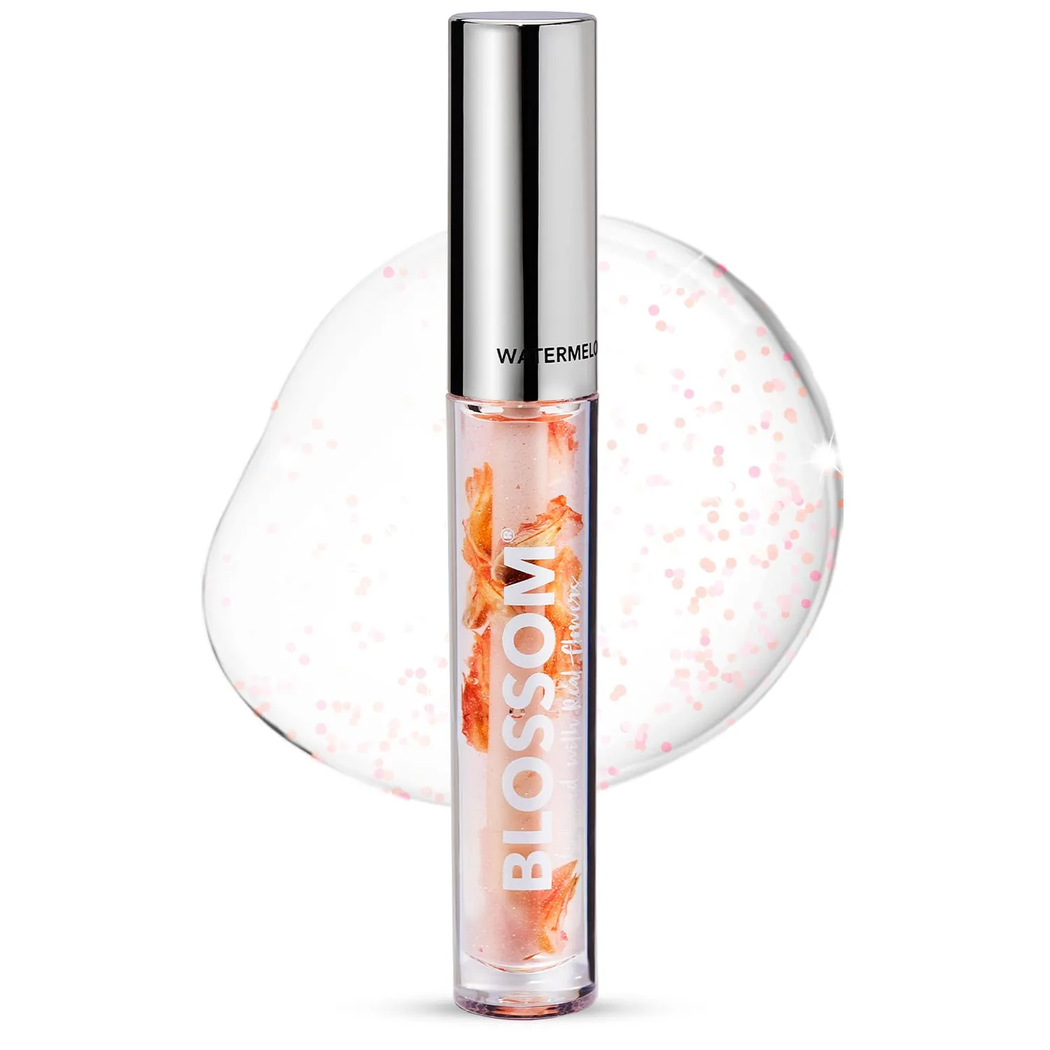Blossom Moisturizing and Hydrating Shimmer Sparkle Lip Oil with Olive Oil   Grape Seed Oil, Infused with Real Flowers, 3g, Watermelon