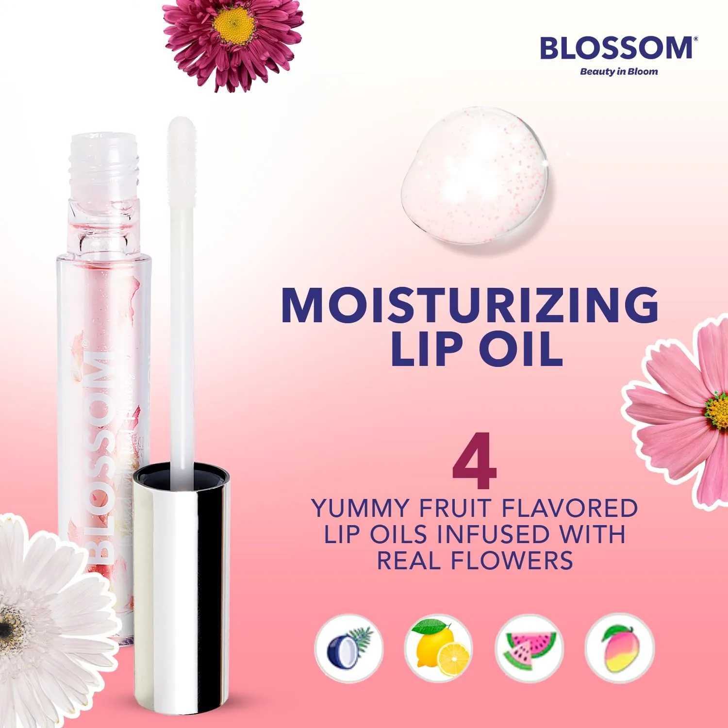 Blossom Moisturizing and Hydrating Shimmer Sparkle Lip Oil with Olive Oil   Grape Seed Oil, Infused with Real Flowers, 3g, Watermelon