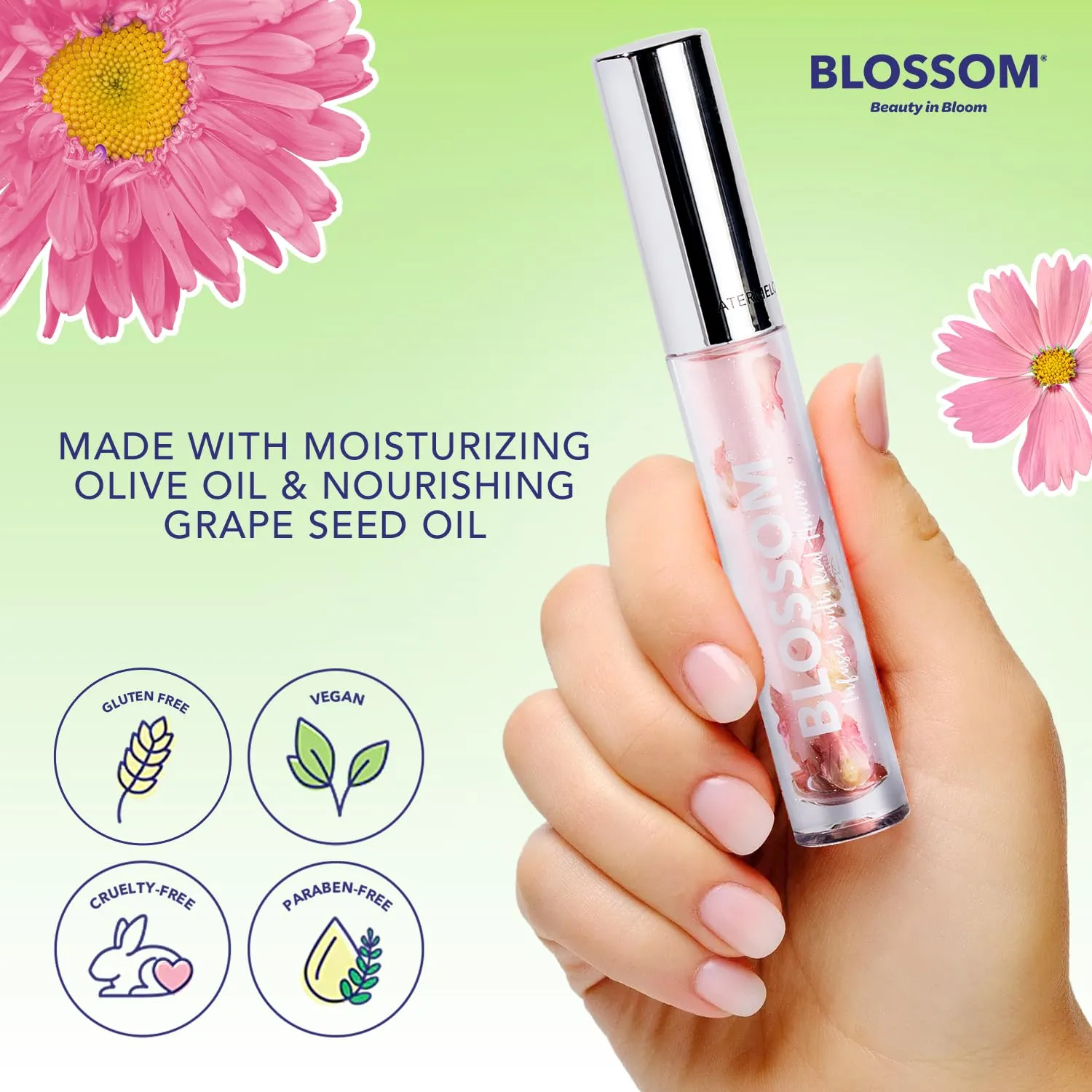 Blossom Moisturizing and Hydrating Shimmer Sparkle Lip Oil with Olive Oil   Grape Seed Oil, Infused with Real Flowers, 3g, Watermelon