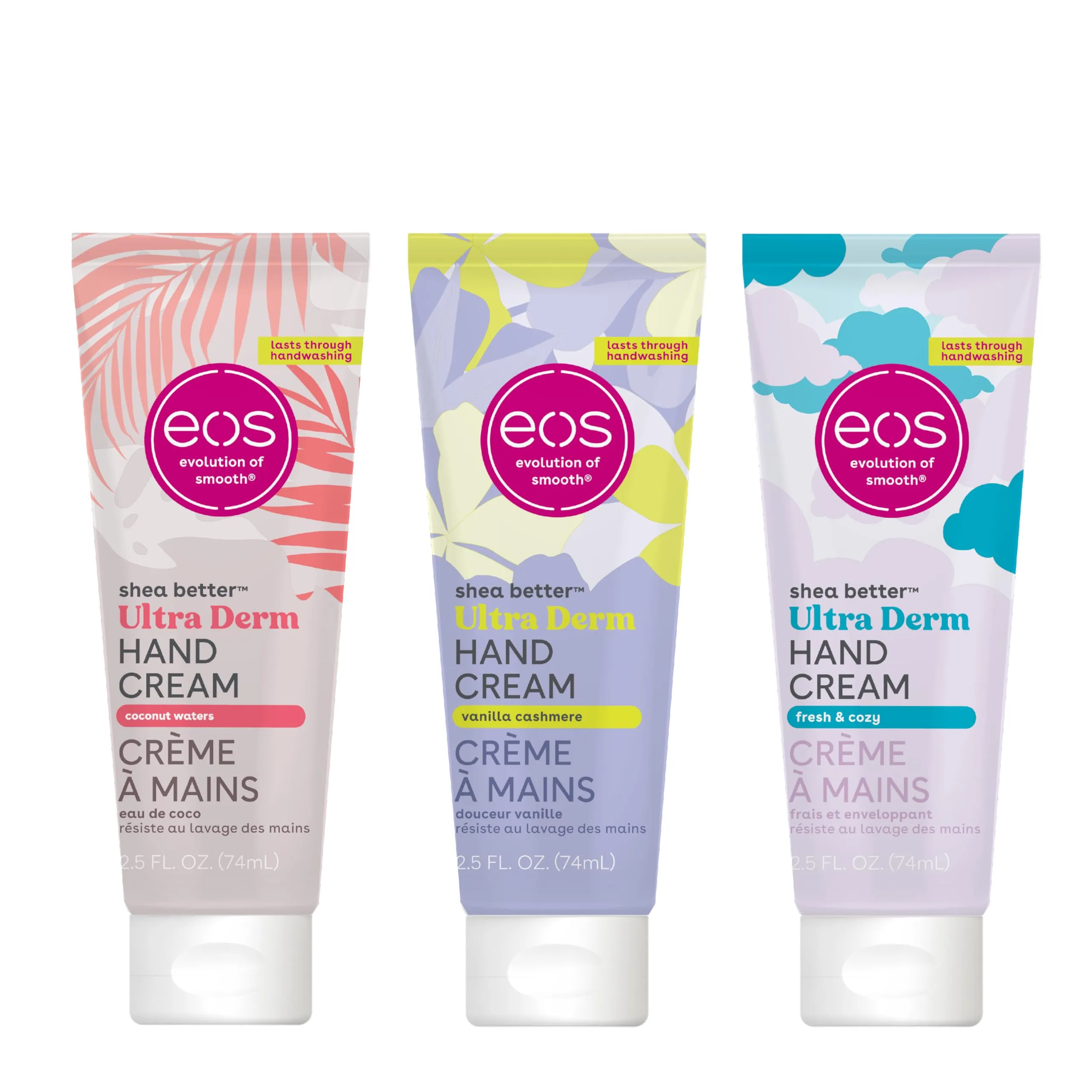 Bundle of eos Shea Better Hand Cream - Vanilla Cashmere   Fresh & Cozy   Coconut- Natural Shea Butter Hand Lotion and Skin Care, 24 Hour Hydration with Shea Butter & Oil, 2.5 oz, Packaging May Vary