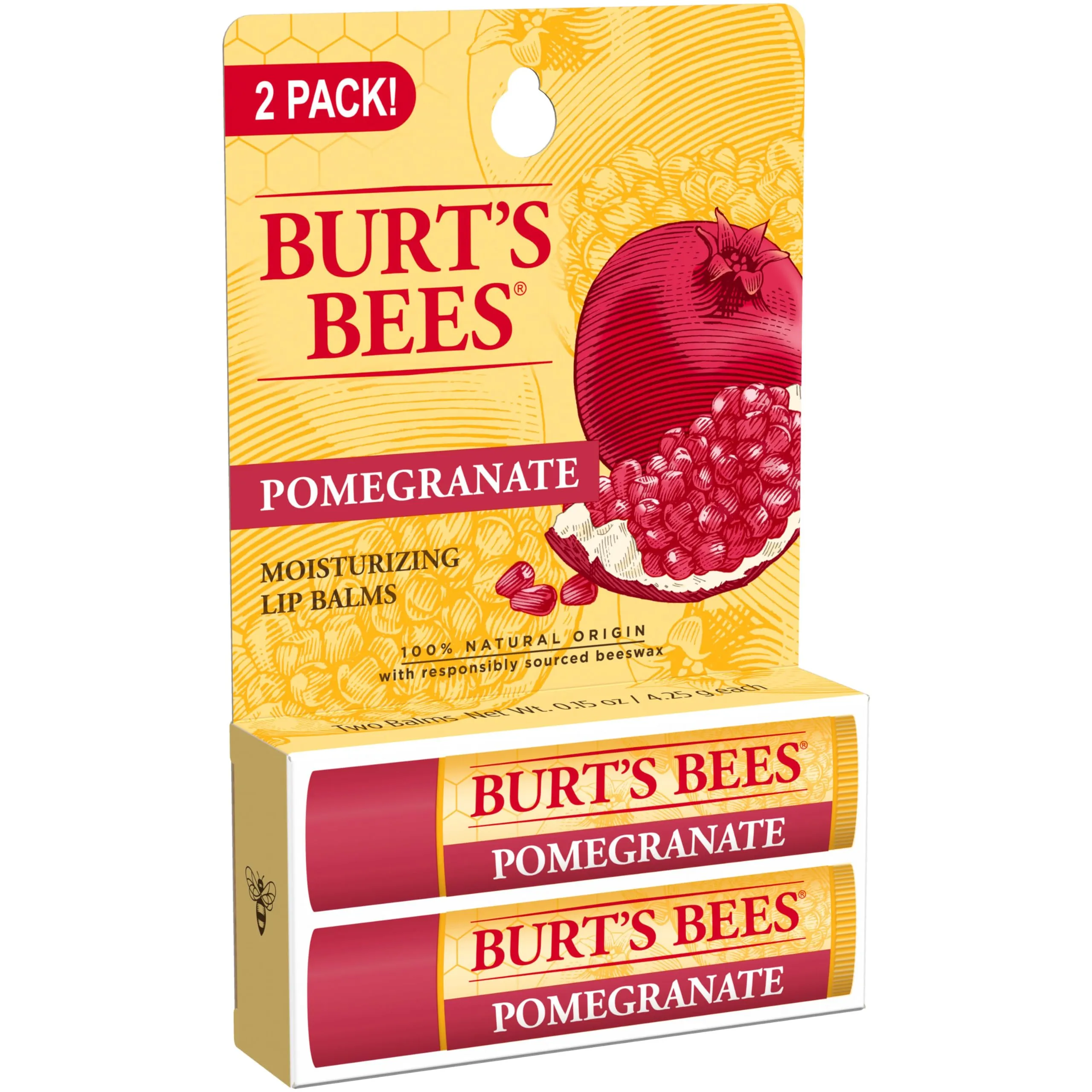 Burt's Bees Lip Balm Easter Basket Stuffers - Pomegranate, Lip Moisturizer With Responsibly Sourced Beeswax, Tint-Free, Natural Conditioning Lip Treatment, 2 Tubes, 0.15 oz. (Pack of 2)