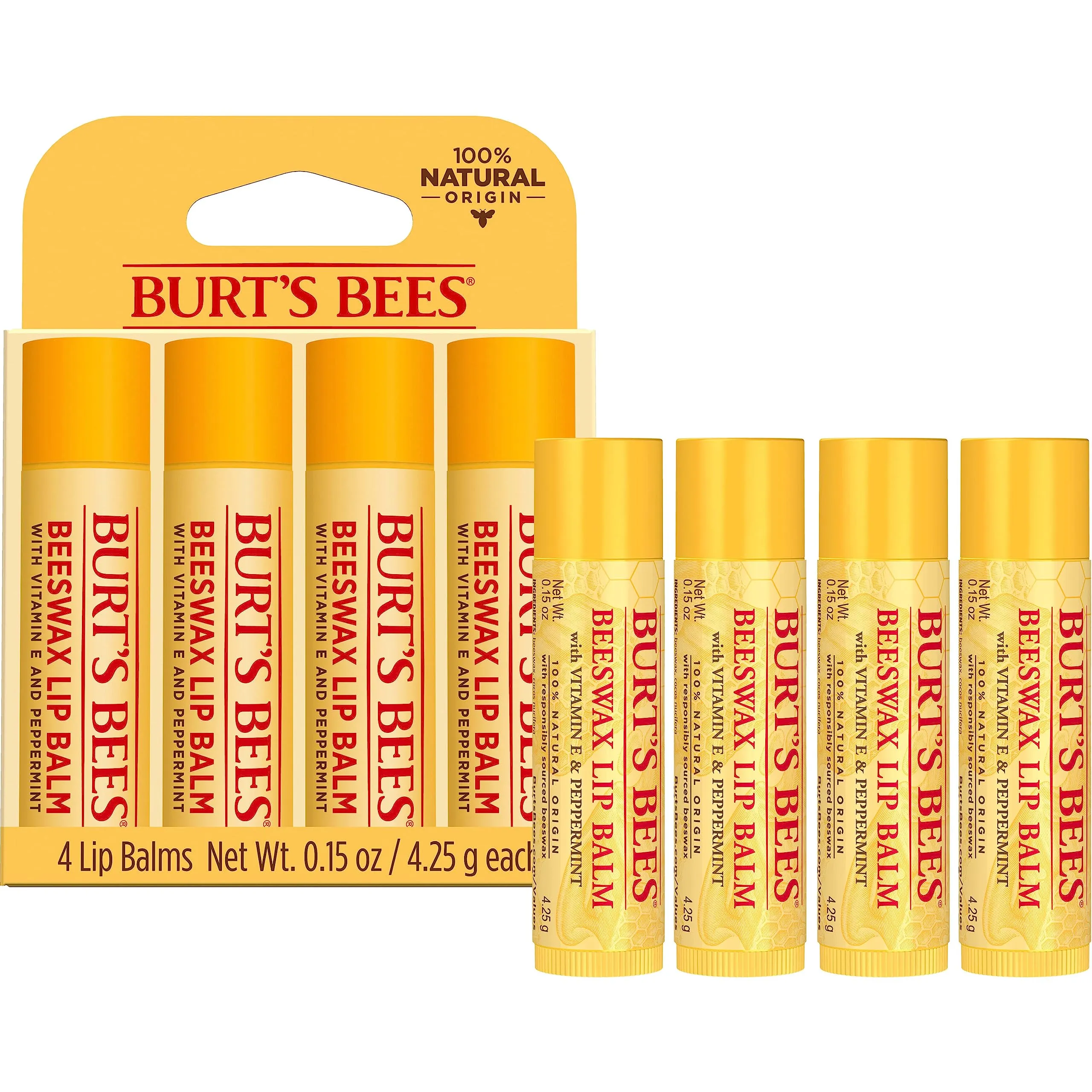 Burt's Bees Lip Balm Mothers Day Gifts for Mom - Original Beeswax, Lip Moisturizer With Responsibly Sourced Beeswax, Tint-Free, Natural Origin Conditioning Lip Treatment, 4 Tubes, 0.15 oz.