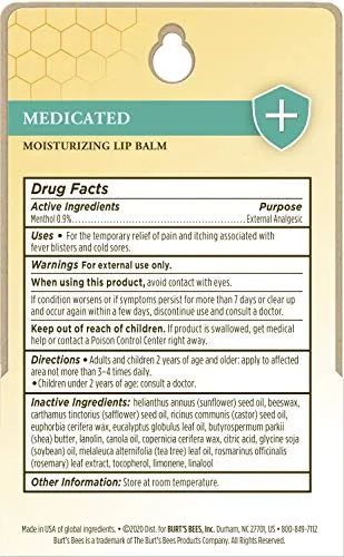 Burt's Bees Medicated Lip Balm, With Eucalyptus Oil and Menthol, Tint-Free, Natural Origin Lip Care, 2 Tubes, 0.15 oz.