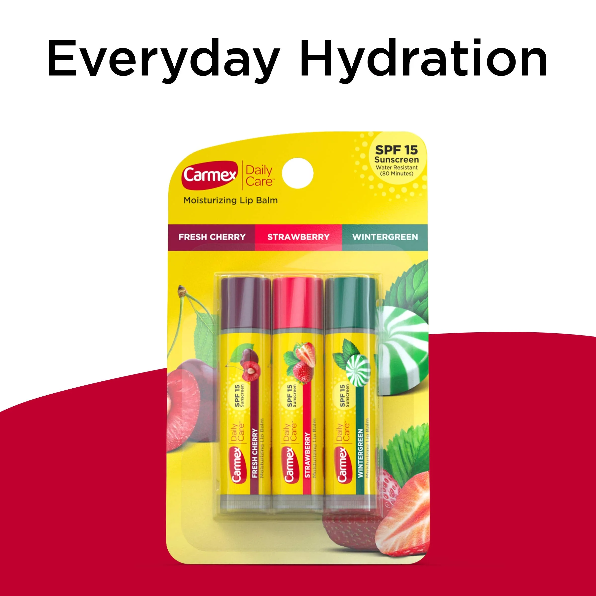 Carmex Daily Care Moisturizing Lip Balm Sticks with SPF, Fresh Cherry, Strawberry and Wintergreen Lip Balm Pack, 0.15 OZ - (5 packs of 3)