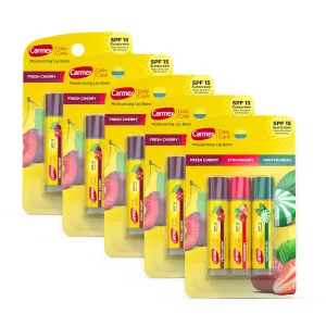 Carmex Daily Care Moisturizing Lip Balm Sticks with SPF, Fresh Cherry, Strawberry and Wintergreen Lip Balm Pack, 0.15 OZ - (5 packs of 3)