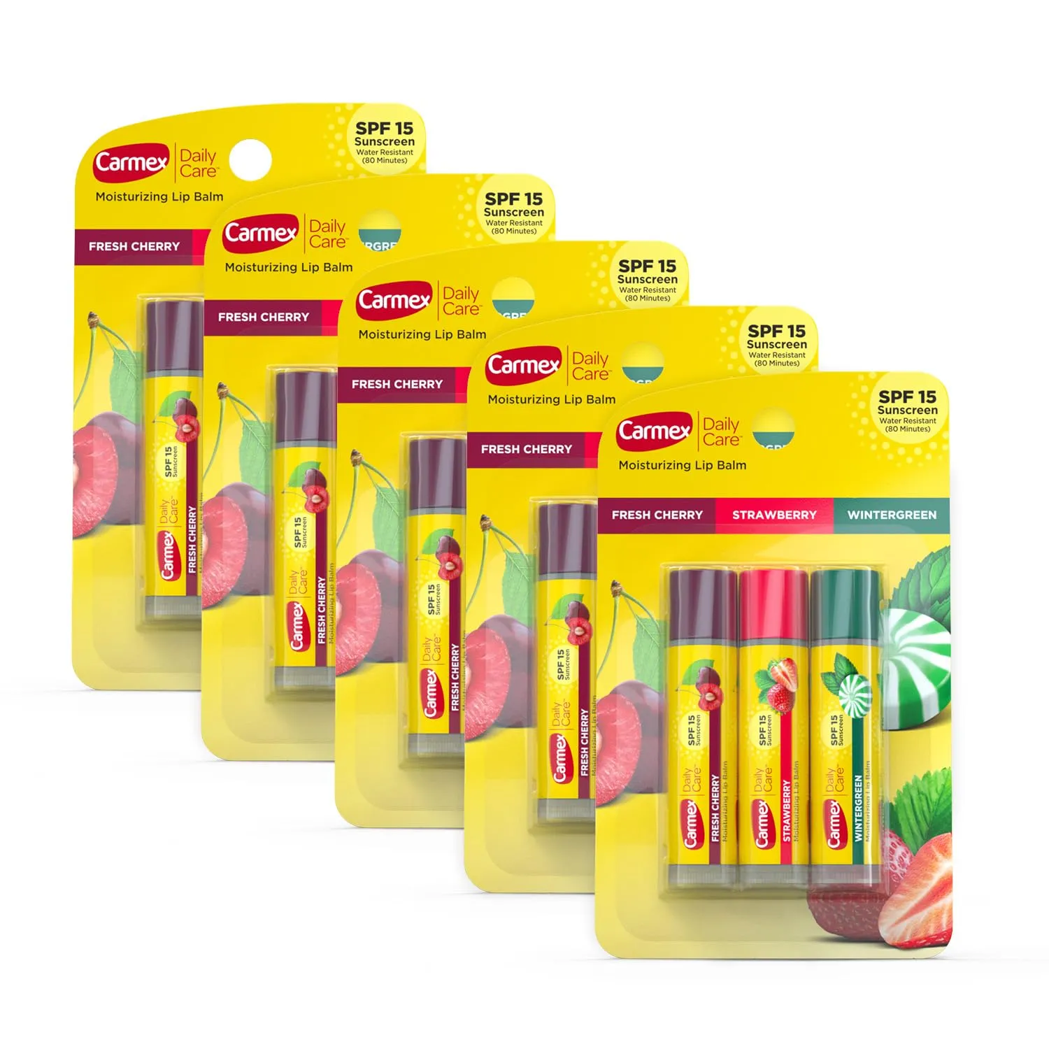Carmex Daily Care Moisturizing Lip Balm Sticks with SPF, Fresh Cherry, Strawberry and Wintergreen Lip Balm Pack, 0.15 OZ - (5 packs of 3)